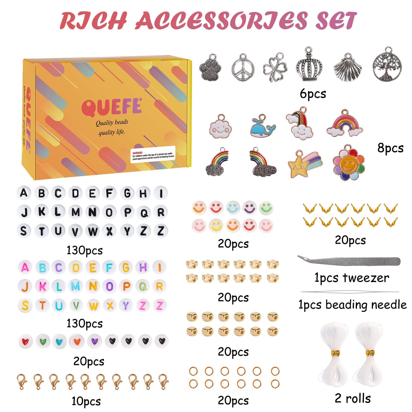 QUEFE 48000pcs 2mm Glass Seed Beads for Jewelry Making Kit, 96 Colors Small Bracelet Beads with Pendant Charms Kit and Letter Beads for Bracelets Necklace Ring Making, DIY, Art and Craft