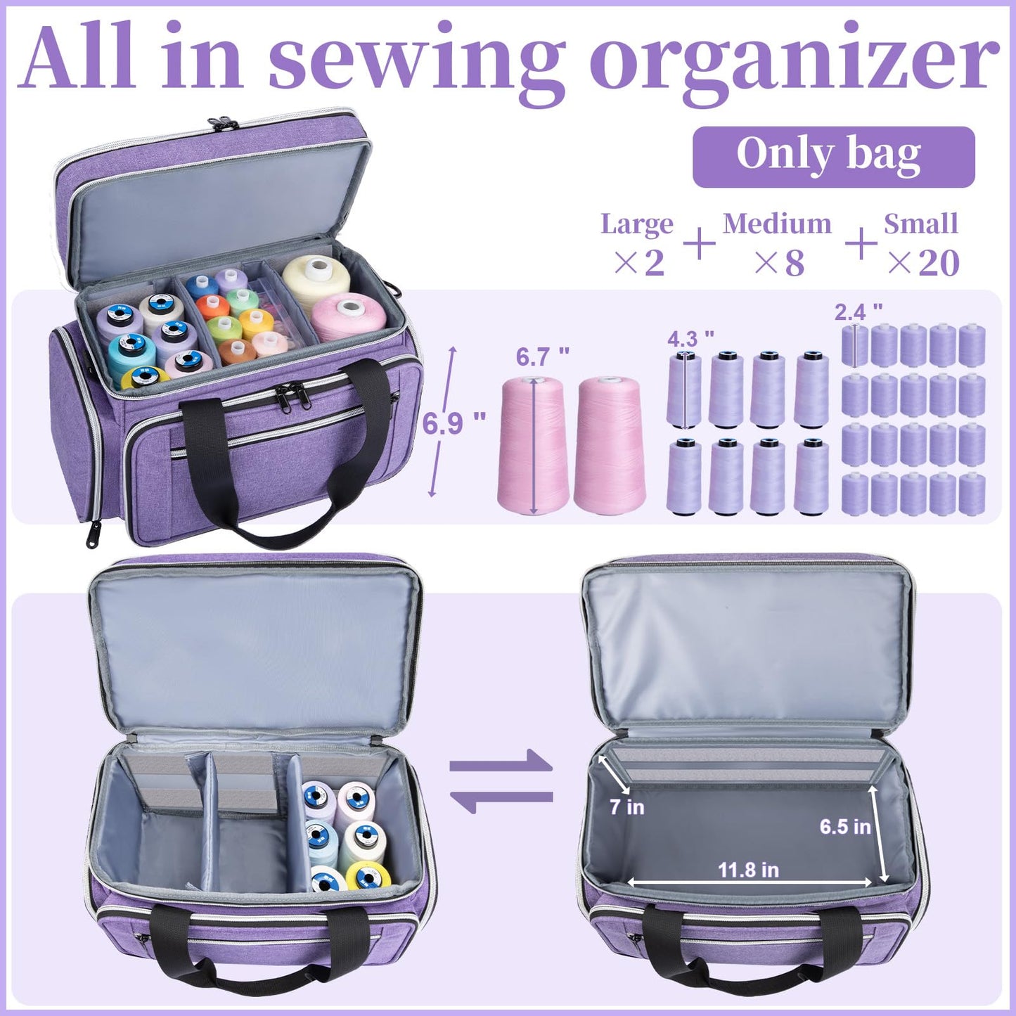Large Sewing Supplies Organizer, Double Layer Sewing Storage Organizer with Two Detachable Dividers, Travel Sewing Bag Organizer with Shoulder Strap for Accessories, Purple, (Bag Only)