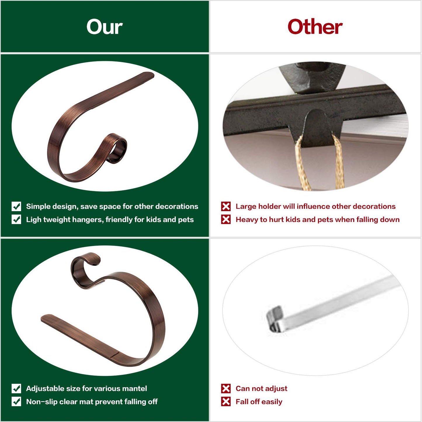 FINMOR Christmas Stocking Holders for Mantle Set 4,Lightweight Stocking Holder No-Slip Stocking Hangers for Mantel Fireplace,Adjustable Mantel Stocking Hooks