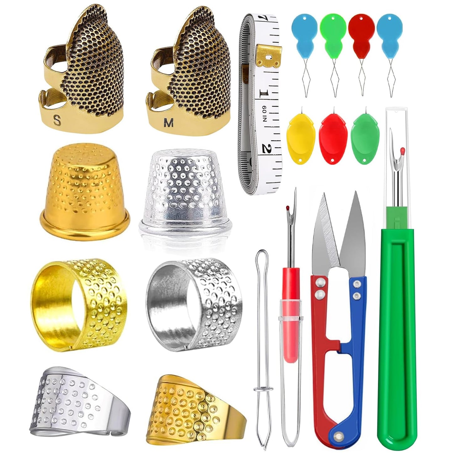 20 Pcs Sewing Thimble Kit,thimbles for Hand Sewing，Needle threaders，Seam Rippers for Sewing，Measuring Tape and Thread Snips, Hand Embroidery Craft（Complete Sewing Kit）