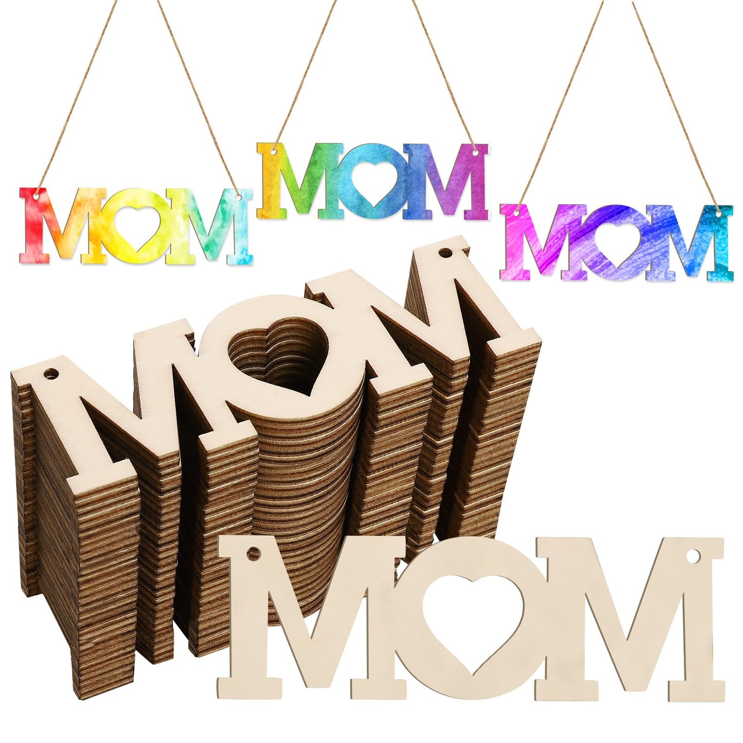 Tmflexe Mum 30Pcs Unfinished Wooden Mother's Day Gift Ornaments DIY Craft Mother Birthday Present-30Pack Paintable Blank Natural Mom Cutouts Hanging Wood Slices for Kids Art Crafts DIY Gift for Mom