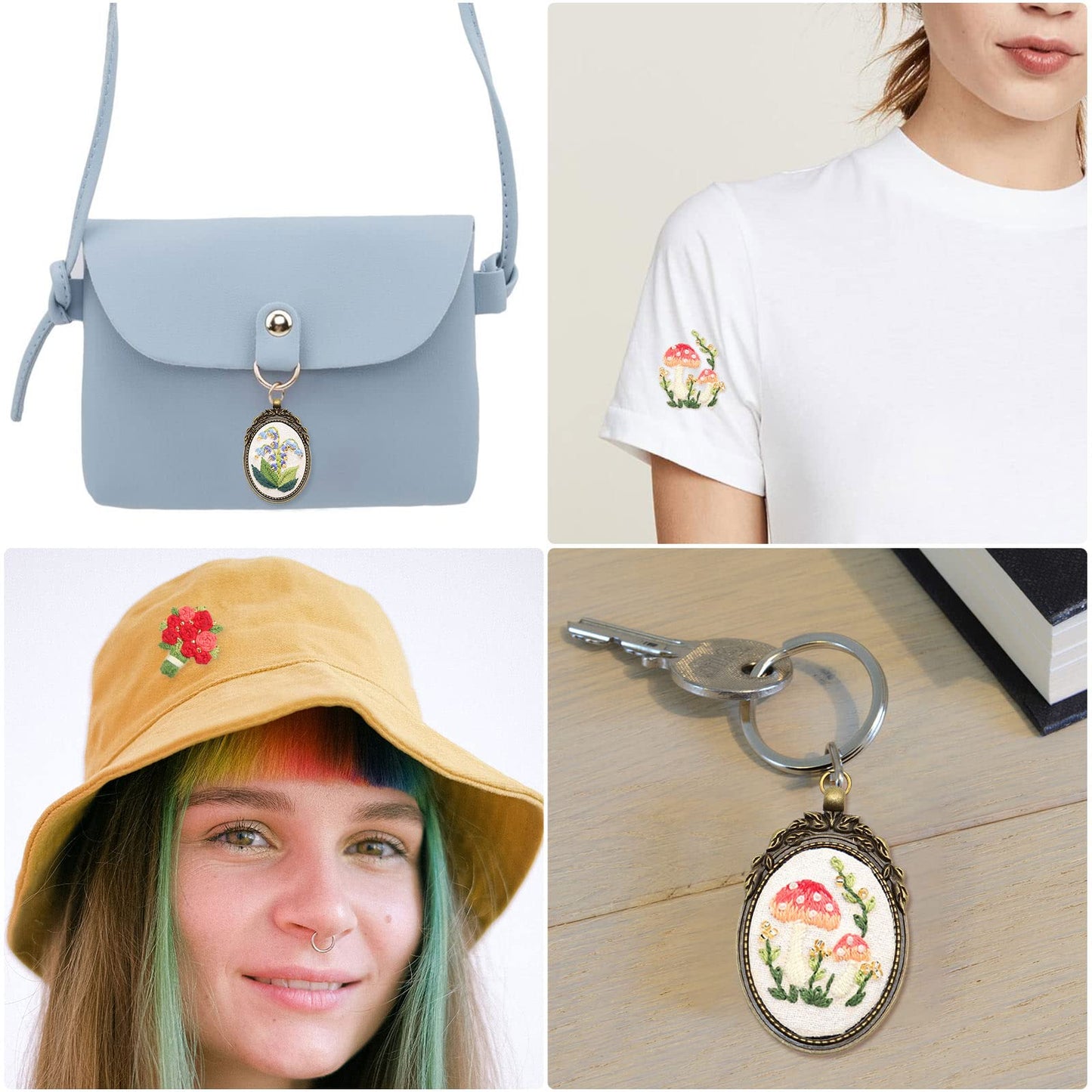 ZOCONE 3 Packs Embroidery Necklace Kit, Embroidery Pendant Kits Mini Cross Stitch Kit with Hoop, Necklace, Pendant, Beads, Stamped Pattern Cloth, Instructions, etc., Embroidery Kits for Adults