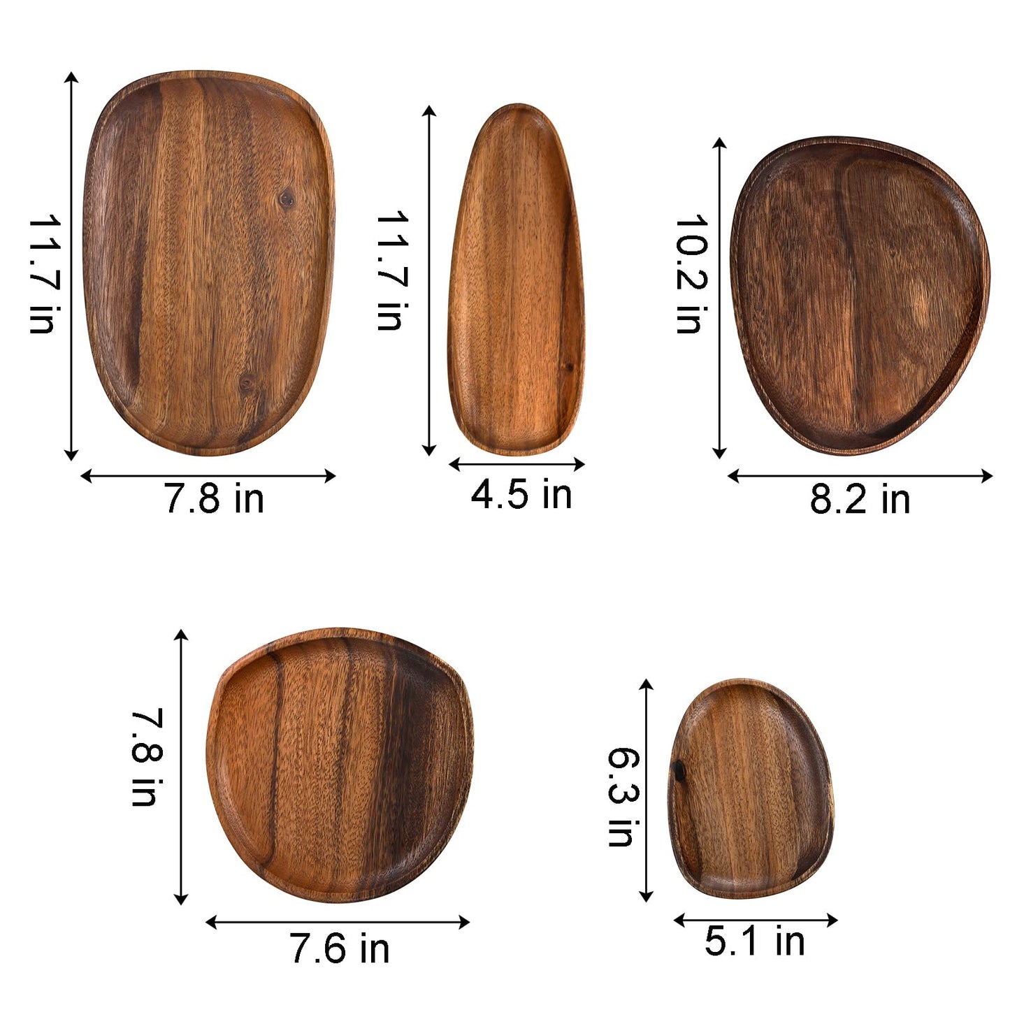Set of 5 Acacia Wood Serving Platter and Trays, Irregular Oval Solid Wood Plates Serving Tray, Lightweight Wood Dinner Plates for Breakfast, Coffee, Tea, Snack, Plant, Housewarming Gift