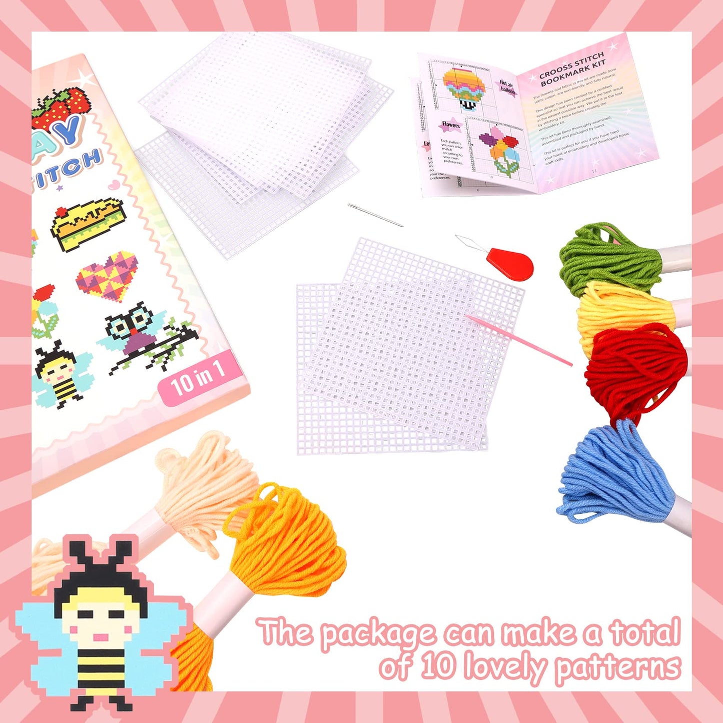 Pllieay Kids 10-in-1 Cross Stitch Beginner Kit for Kids, includes Instruction of 10 Different Patterns, 10 Blank Plastic Canvas for Needlework, and 14 Colored Threads, Needlepoint Starter Sewing Set