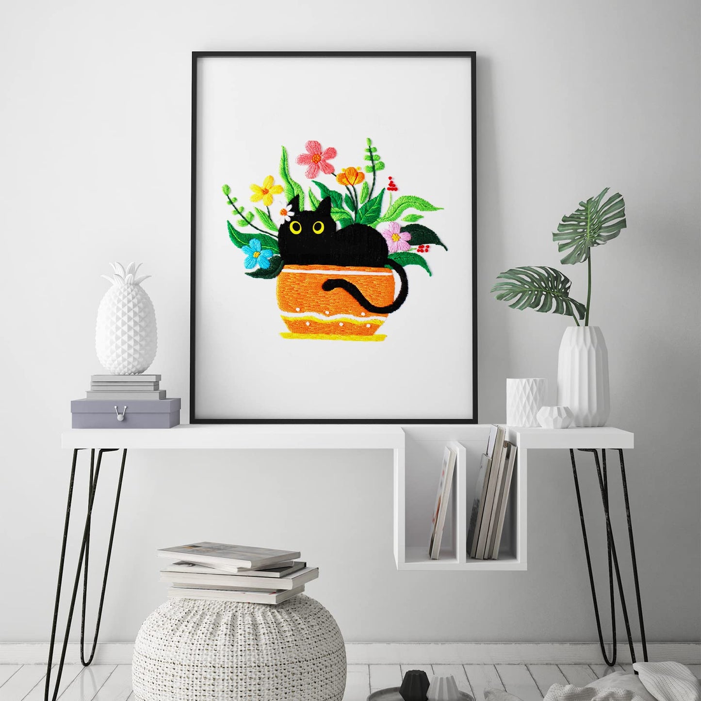 Louise Maelys Embroidery kit with Cat Plant Stamped for Starters, Cross Stitch Kits for Beginners Adults, Include Embroidery Cloth, Hoop,Needles,Instruction and Threads