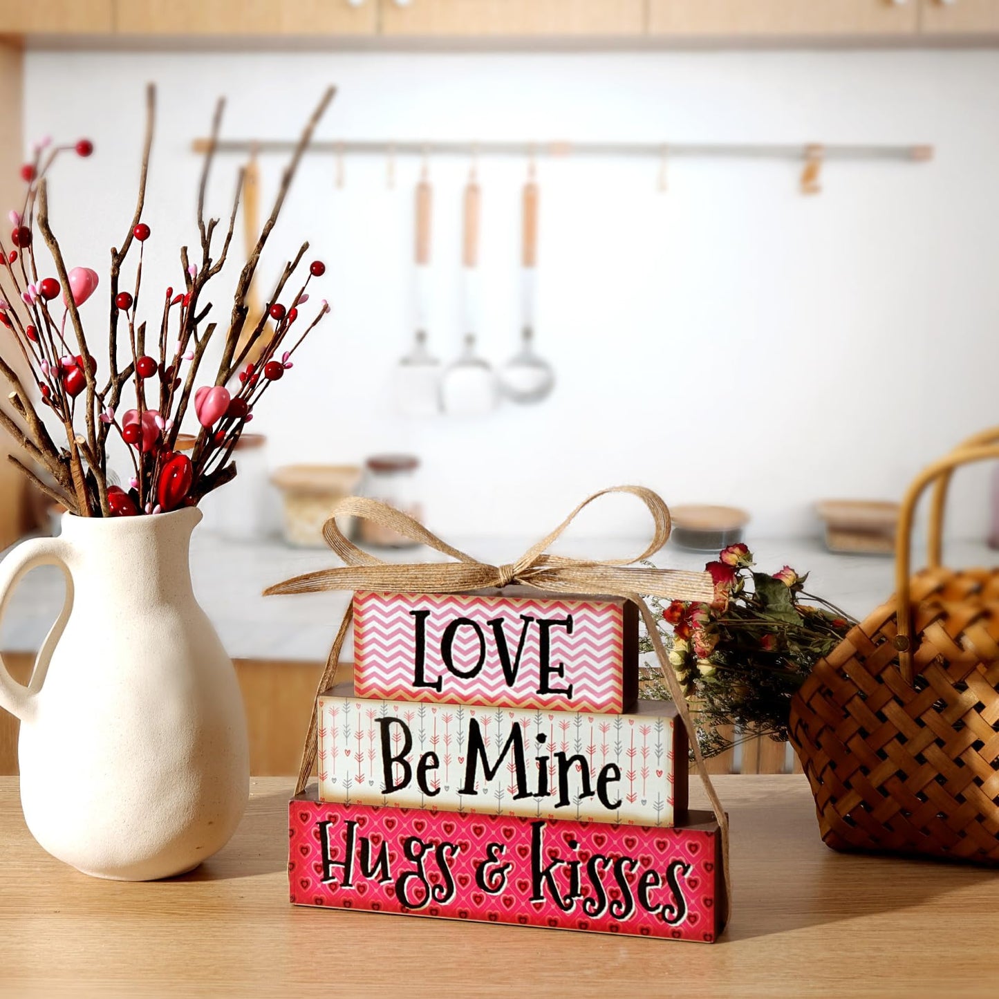 Valentines Day St. Patrick's Day Decor - Rustic Tiered Tray with Reversible Shamrock Blocks for Table & Kitchen Farmhouse Valentine Bundle