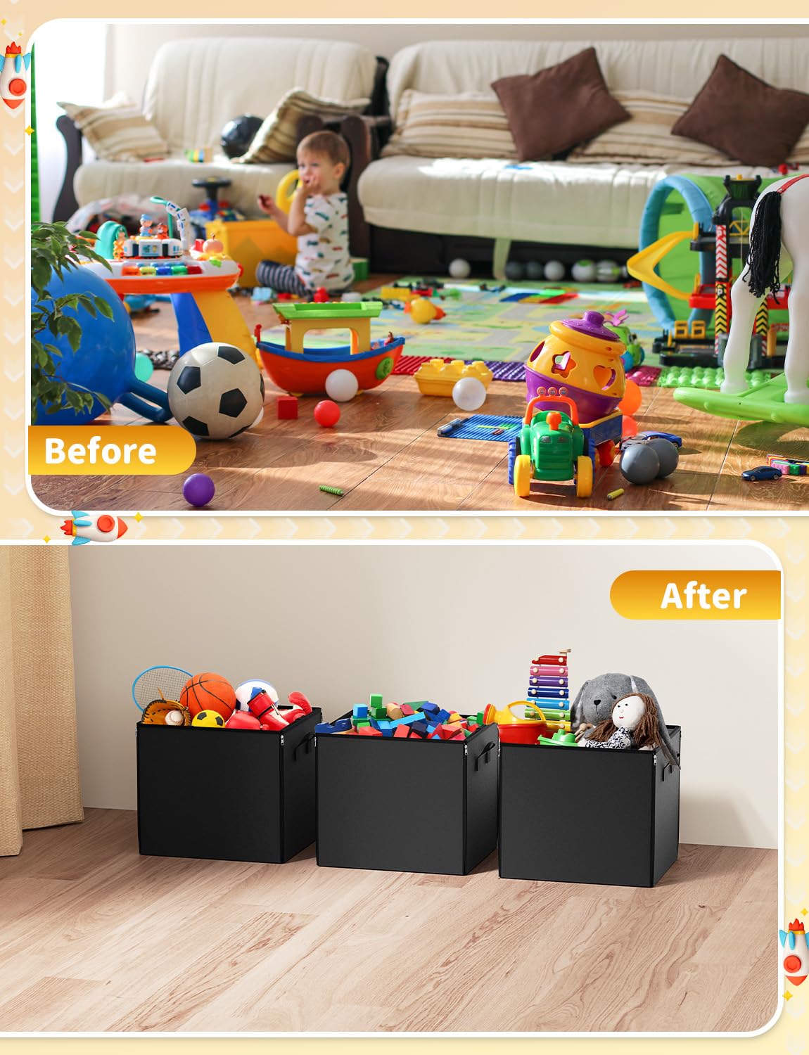 Toy Storage Organizer & Play Mat 43.3", Large 15×13×13" Collapsible Storage Cube Bin with Handles for Building Bricks, Boys, Girls, Playroom, Nursery (M, Black)