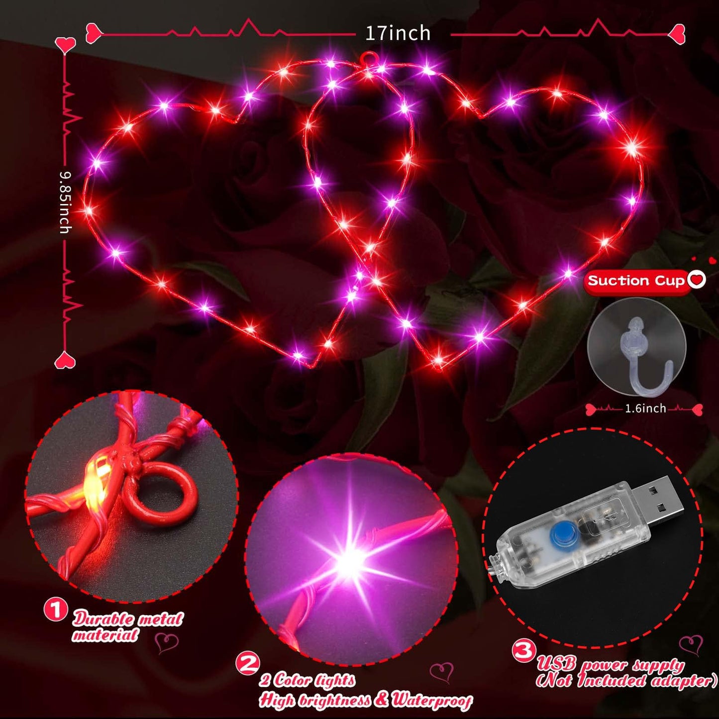 Valentines Decor Double Heart Window Lights, 17" Red Pink Valentines Decorations Backdrop Silhouette Heart Lights with Remote, Valentines Wall Window Decoration for Home Bedroom