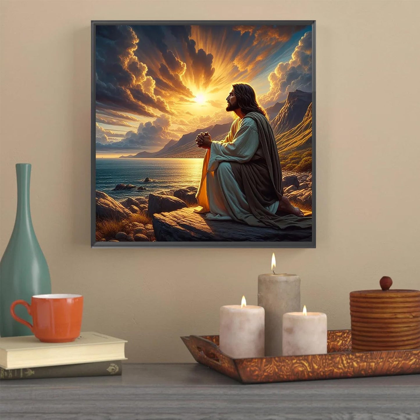 YQFCZDQ Jesus Christ Prayer Diamond Art Kits for Adults,Sunset Landscape 5D Diamond Painting Kits for Beginner,DIY Round Full Drill Diamond Dots Paintings Picture Gem Art&Crafts Home Decor 13.8x13.8in