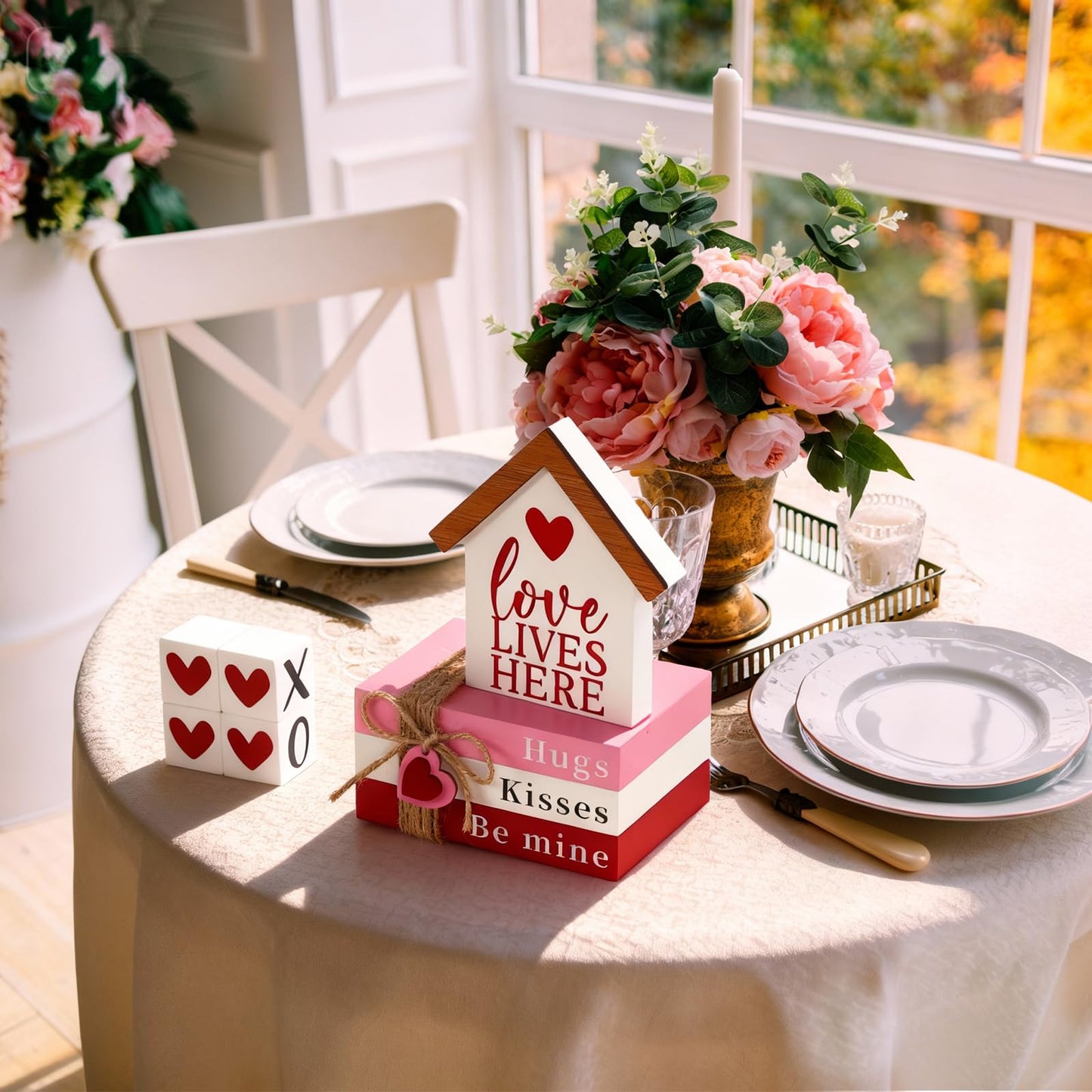 Valentines Day Decorations, Wood Book Stack with XOXO Blocks for Table Shelf Tiered Tray Decor, Freestanding Valentines Day Decor