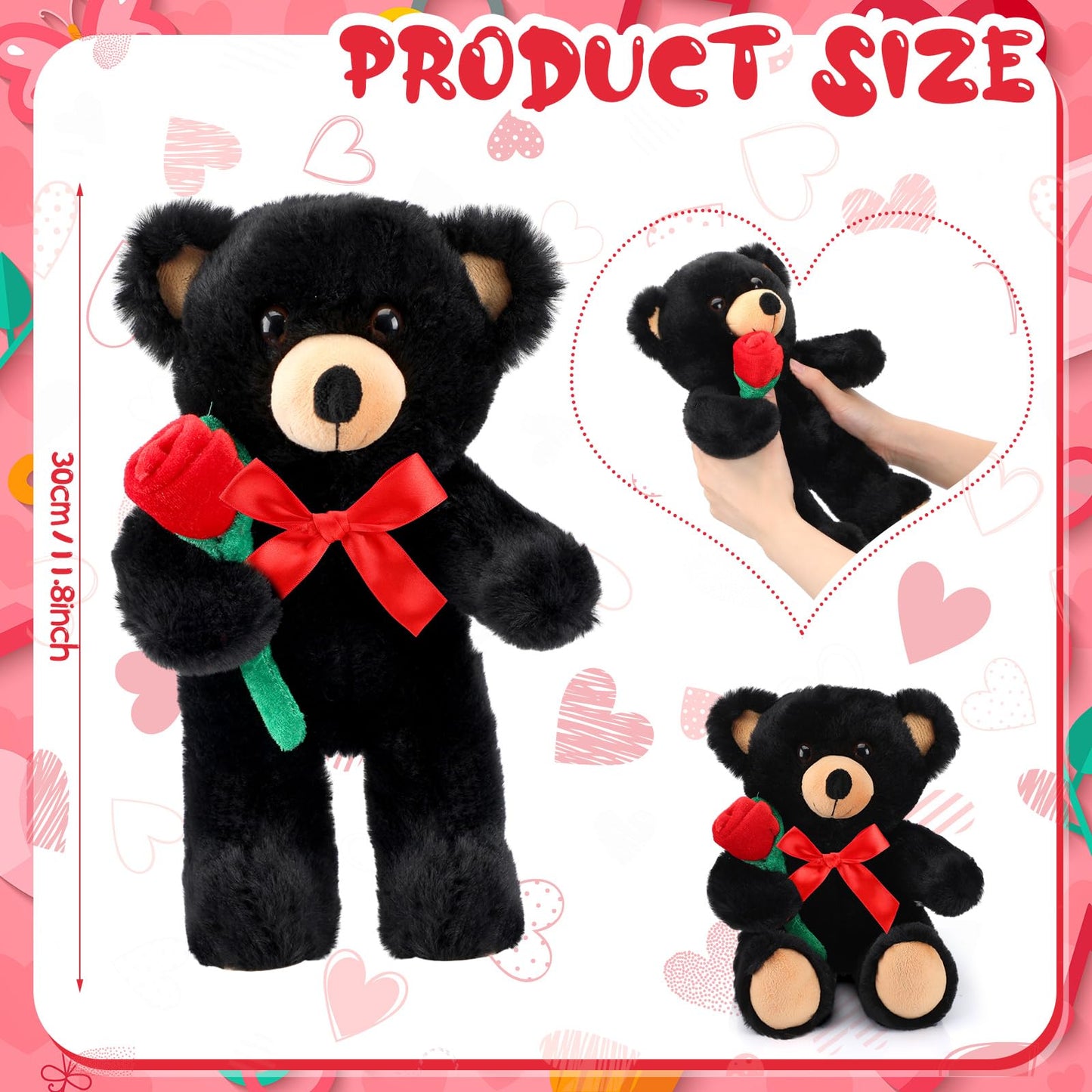 Valentine Bear Stuffed Animal Gift with Rose Funny Cute Bear Plush Stuffed Animal for Kids Toddler Mother Girlfriend Valentine Birthday Wedding, 11.8 Inches(Black)