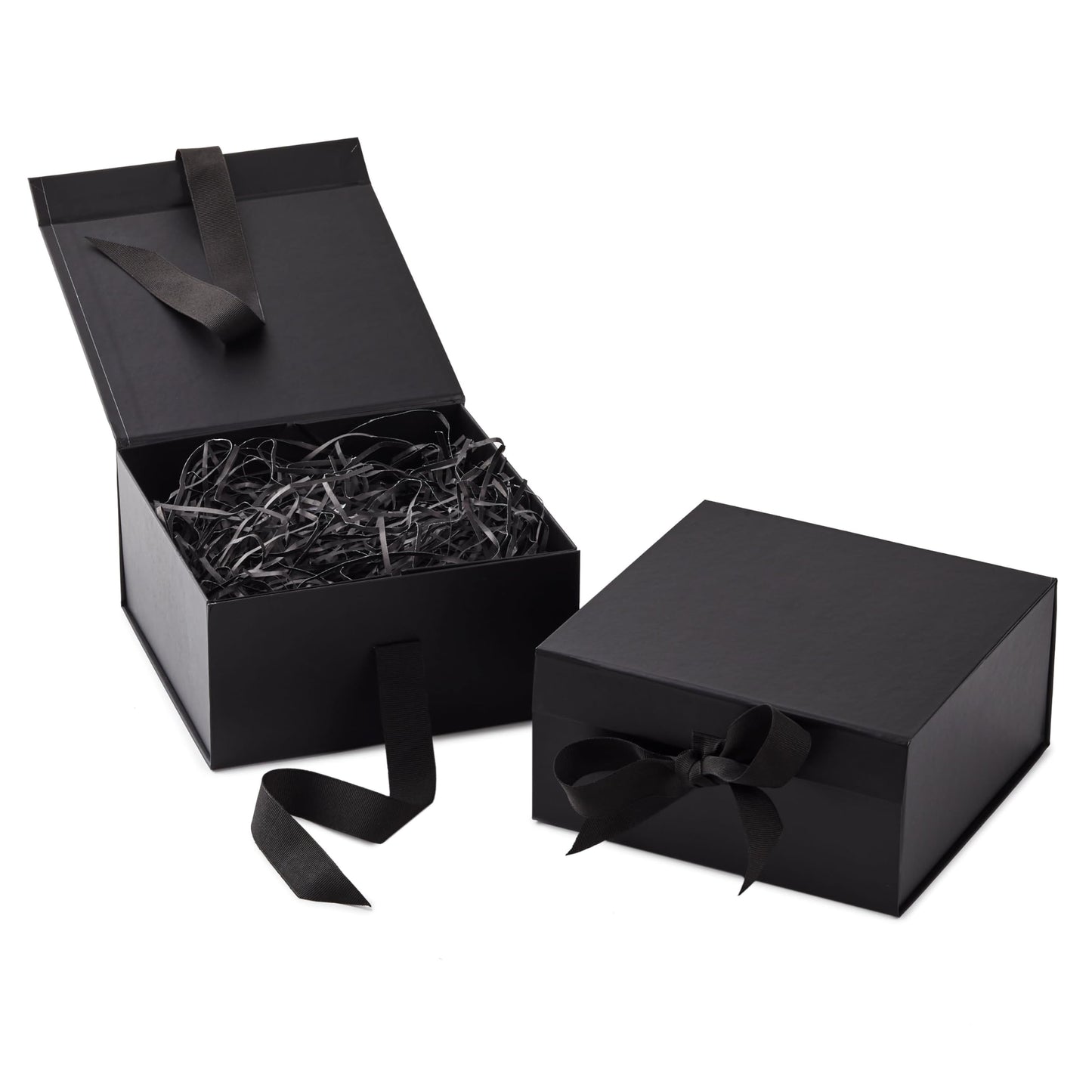 Medium Gift Boxes with Bow and Shredded Paper Fill, Pack of 2 (Black 8 inch Box) for Weddings, Graduations, Birthdays, Father's Day, Groomsmen Gifts, All Occasion