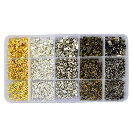 LolliBeads® 1900Pcs Kit with 5 colors 150 Pcs Lobster Claw Clasps 12mm and 1250 Pcs Open Jump Rings 5mm and 500 Pcs Iron Fold Over Cord Ends for Leather 3mm for Jewelry Making Findings