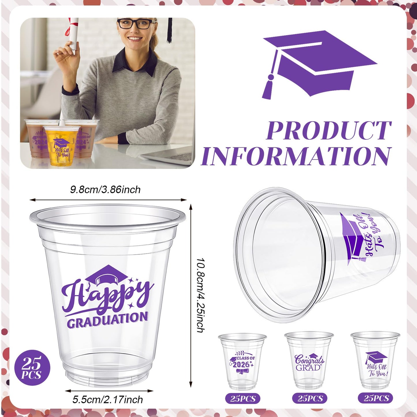 Eaasty 200 Pcs 12oz Graduation Cups 2026 Disposable Plastic Cups for Class of 2026 Graduation Party Congrats Grad Elegant Party Supplies Tableware Decorations (Purple)