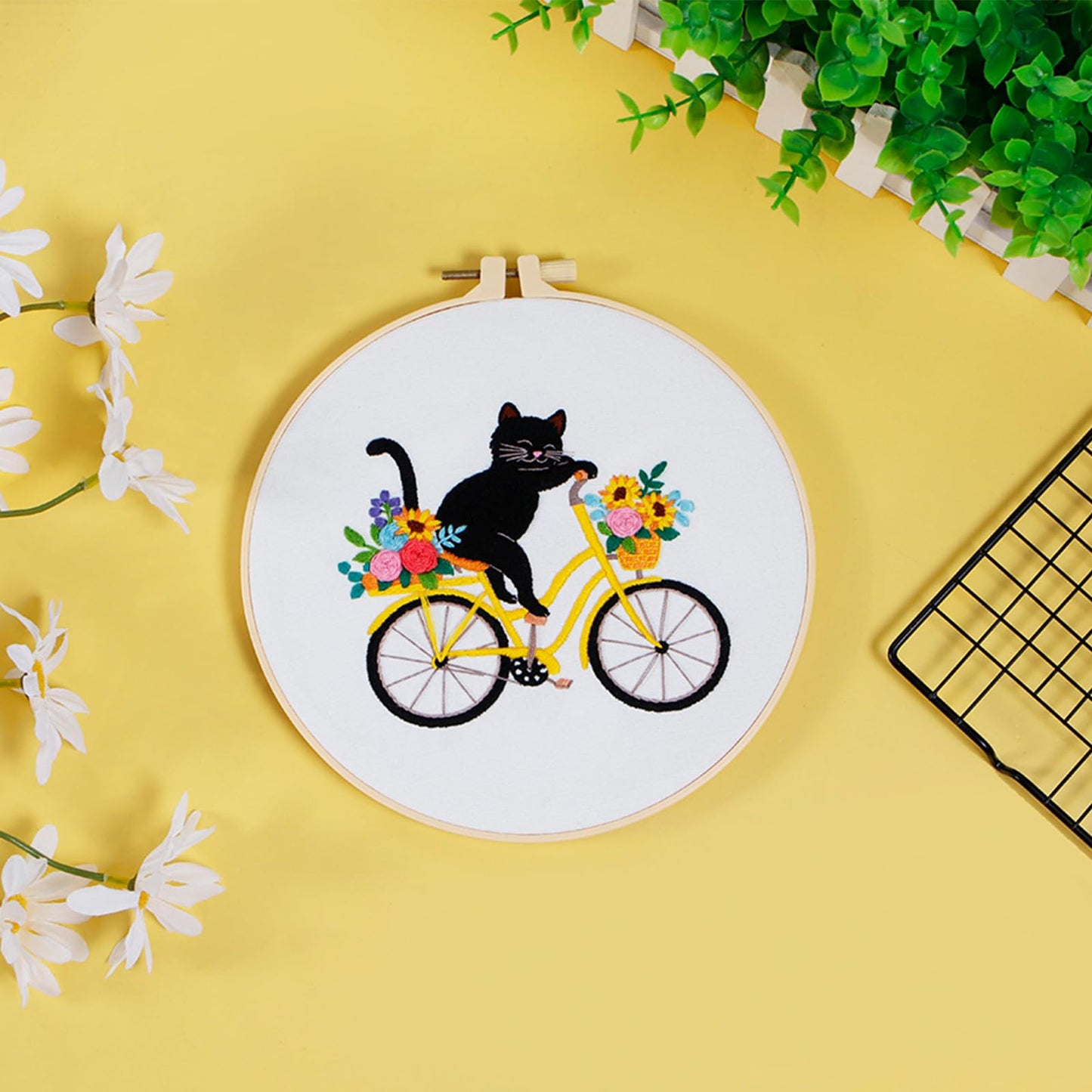 Louise Maelys Cute Cat Embroidery Kits for Beginners with Flower Bike Pattern,Adults Starter Cross Stitch Kit DIY Needlepoint
