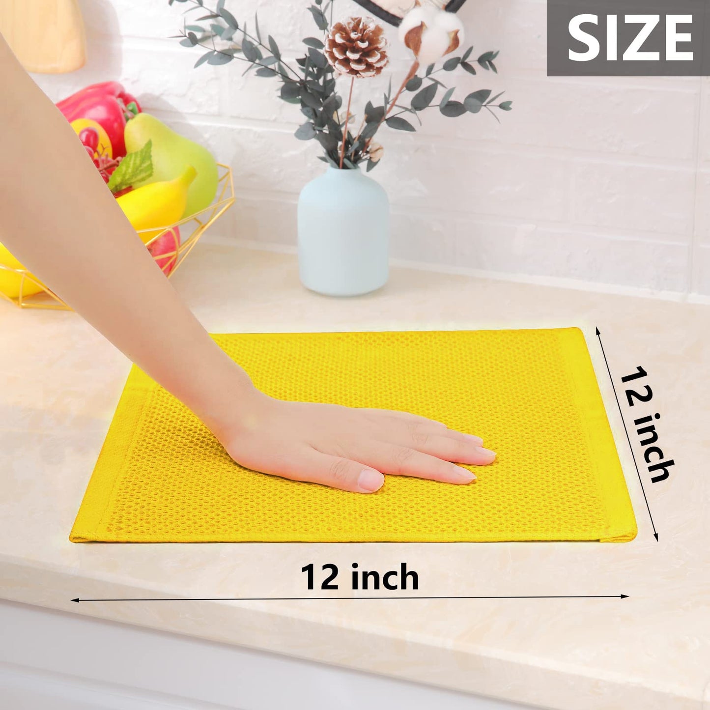 100% Cotton Waffle Weave Kitchen Dish Cloths, Ultra Soft Absorbent Quick Drying Dish Towels, 12 x 12 Inches, 6-Pack, Yellow