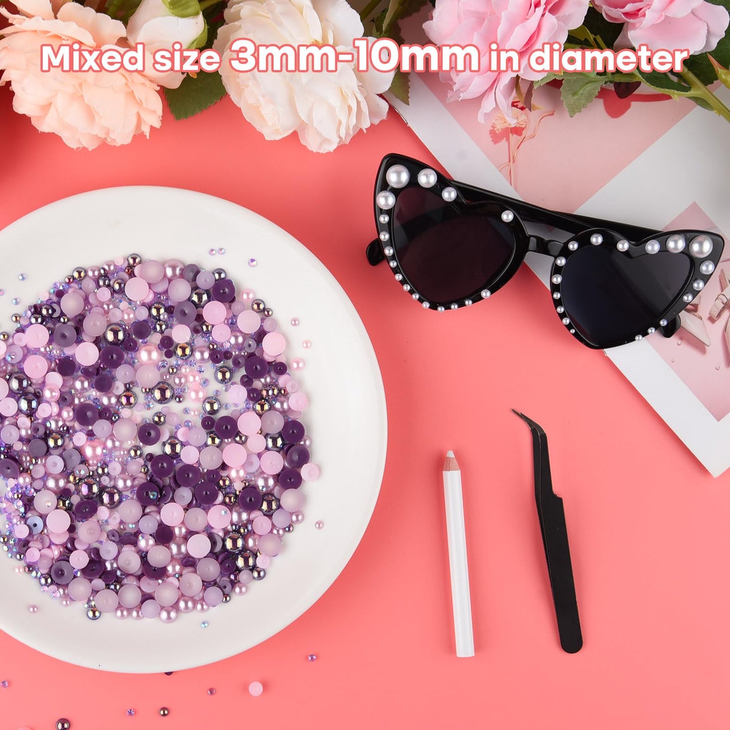 ASTARON 50g Mix Flatback Rhinestones Half Pearls for Crafts Mixed Size 3mm-10mm Flat Back Rhinestones for Crafts Flatback Pearls for Decorating Tumblers Mugs Nail Art Shoes (Purple Pink Series)