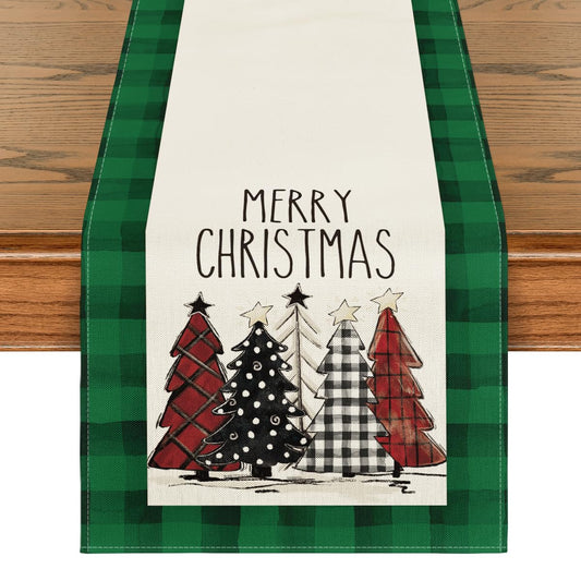 Watercolor Green and Black Buffalo Plaid Christmas Trees Merry Xmas Table Runner, Seasonal Winter Holiday Kitchen Dining Table Decoration for Indoor Outdoor Home Party Decor 13 x 36 Inch