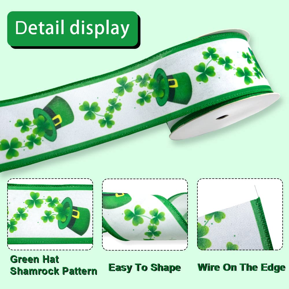 St Patrick's Day Ribbons 2.5" 10 Yards, Green White Wired Edge Burlap Ribbon Green Shamrock Hat Wrapping Ribbon for St Patrick's Day Birthday Party Wrapping DIY Craft Decoration Wreaths Bow