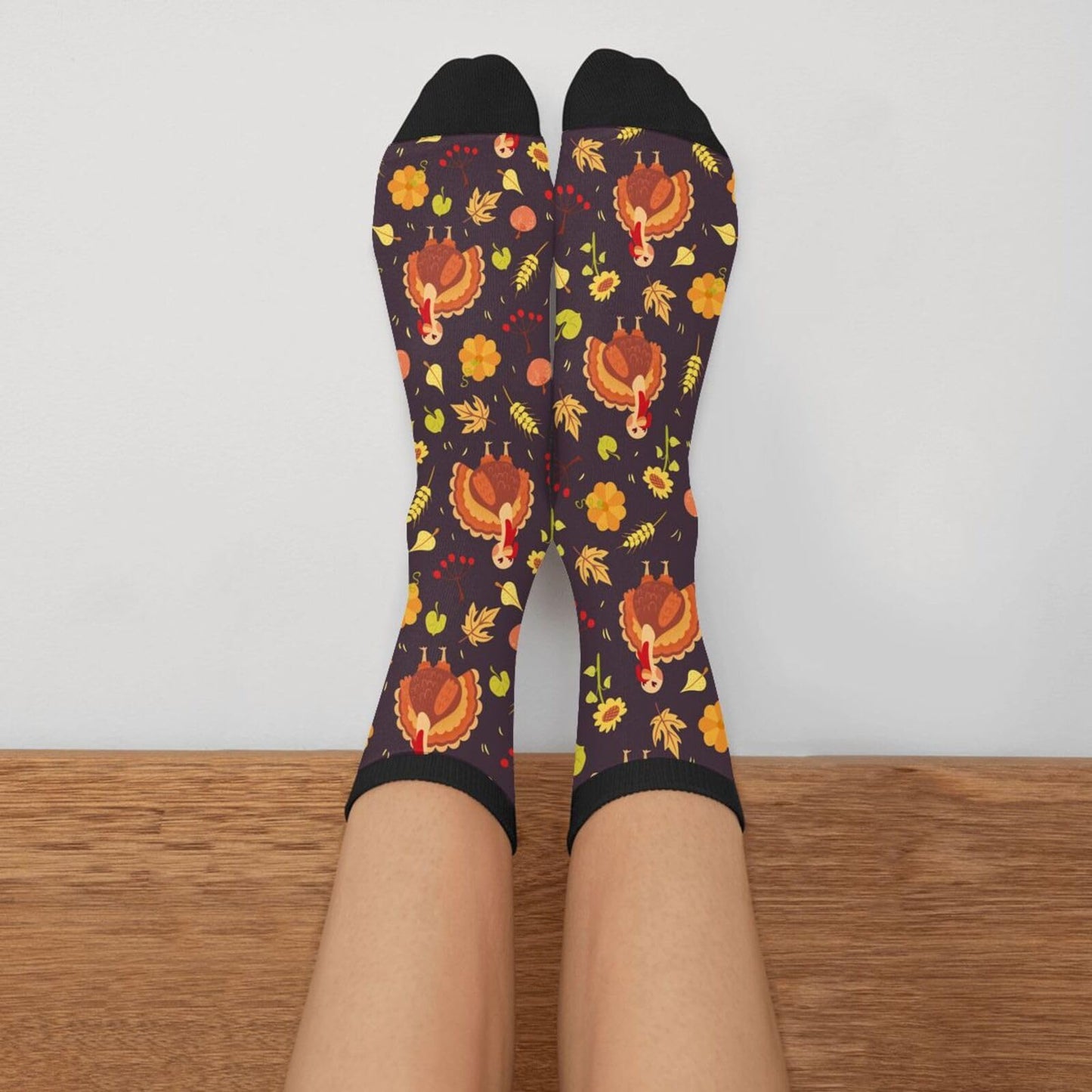 Thanksgiving Day Turkey Bird Fall Autumn Leaves Novelty Fun Crew Socks Fashion Comfortable Men And Women Crazy Dress Socks 16 In