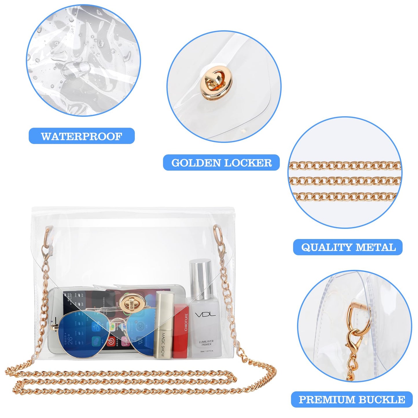 HAOGUAGUA Clear Purse for Women, Clear Bag Stadium Approved, See Through Clear Handbag for Concerts Sports Events (Gold)