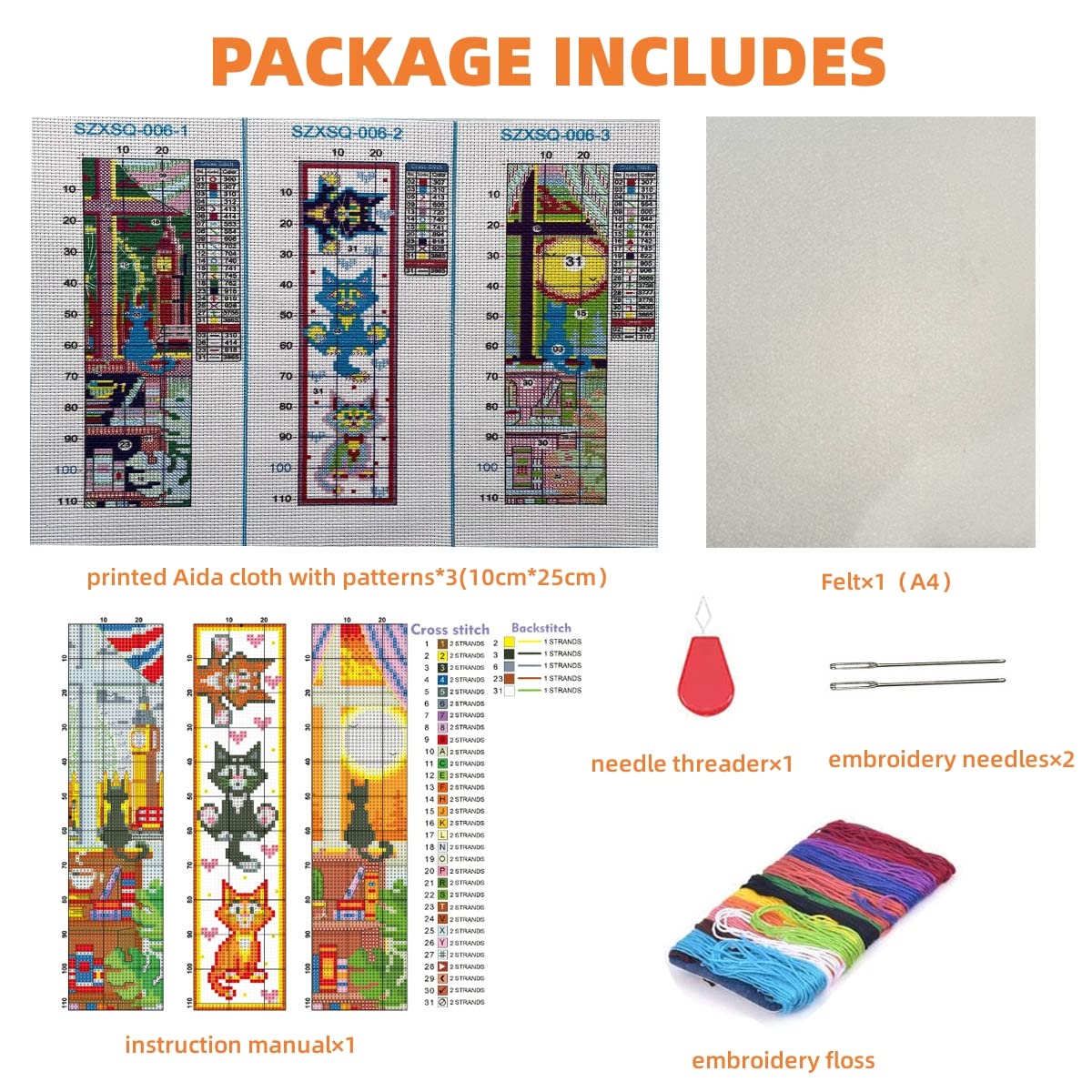 3 PCS Cross Stitch Bookmark Kit,Stamped Bookmarks Cross Stitch Kits for Adults Beginners,DIY Embroidery Bookmarks Cross Stitch Kits,14CT(Cats)