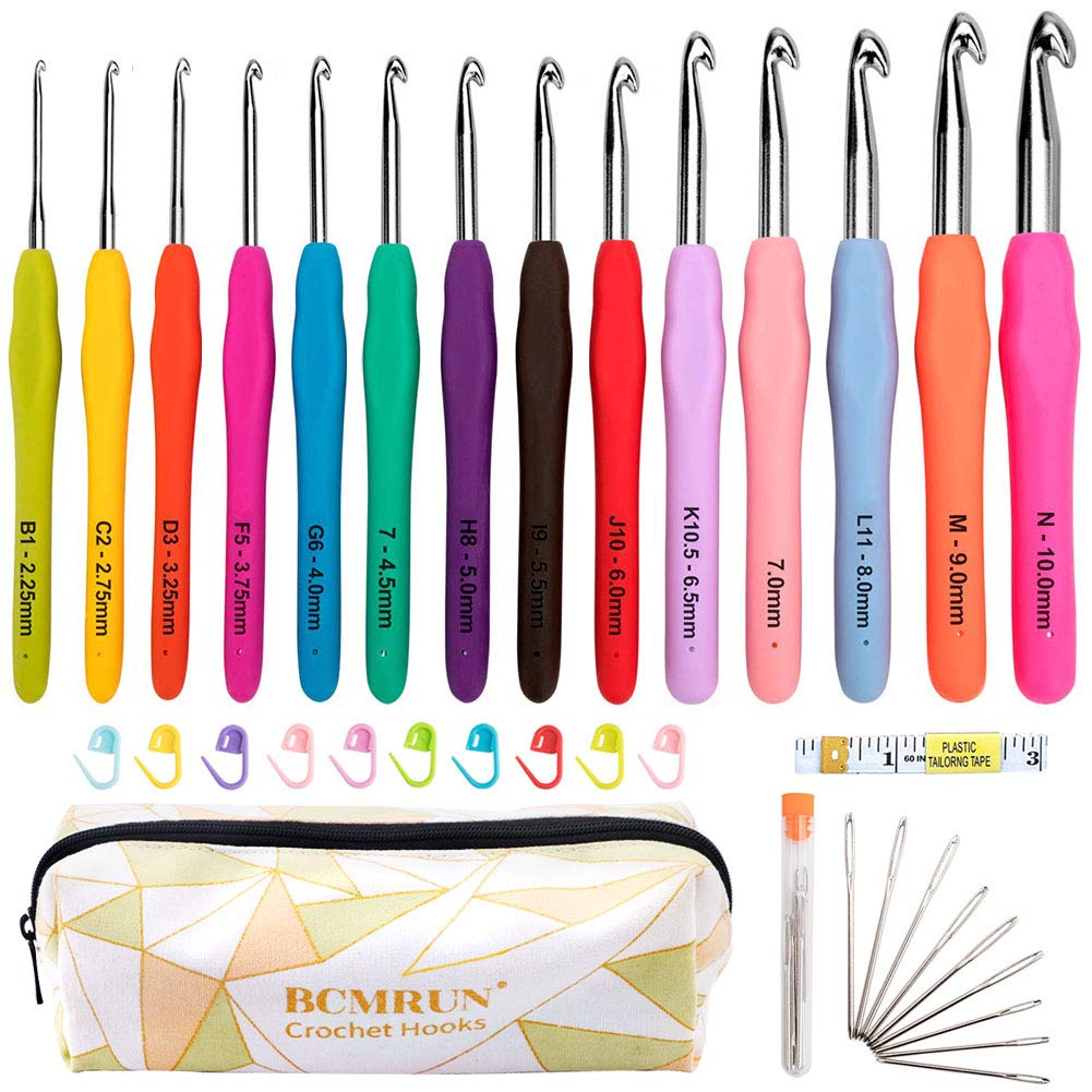 BCMRUN Crochet Hooks Set,14 PCS 2mm(B)-10mm(N) Ergonomic Soft Grip Handles Yarn Knitting Needles Kit with Case for Arthritic Hands, Extra Long  Knit Needles, Best Gift for Women