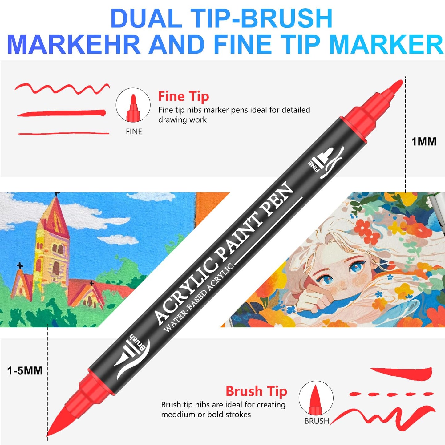 Acrylic Paint Pens, 50 Colors Dual Tip Markers with Fine and Brush Tip, Premium Marking Pens Set for Rock, Wood, Plastic, Fabric Painting and DIY Crafts