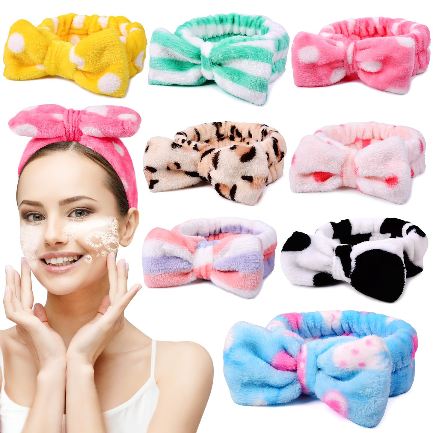 8 Pack Stocking Stuffers For Women Teen Girls Spa Headband for Women Facial Makeup Headband Soft Coral Fleece Bow Hair Band Party Favors for Washing Face Mask Spa Christmas Gifts For Woman Adult