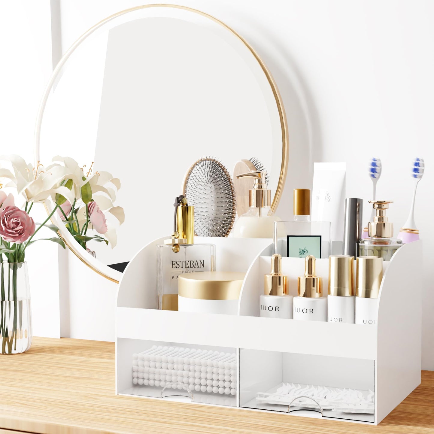 Makeup Organizer with Drawers, Cosmetic Storage for Dresser Vanity and Bathroom Countertop, Beauty Holder for Lipstick Brush, Skincare Organizer for Vanity, Cosmetic Display Case (White-2P)