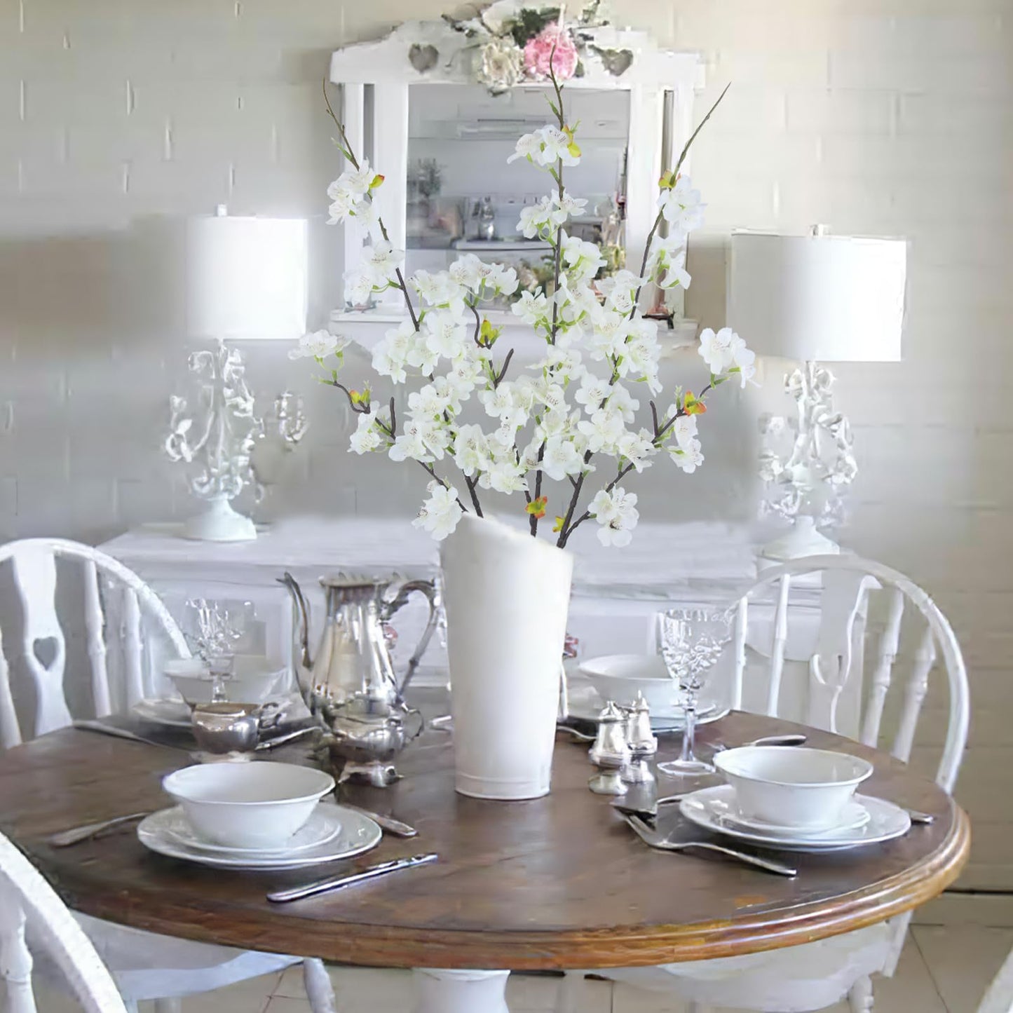 CITYES 3 Pcs Artificial Cherry Blossom Branches Flowers White Silk Peach Flowers Bulk Faux Spring Branches Arrangement Fake Cherry Stems for Indoor Outdoor Party DIY Wedding Table Vase Decor