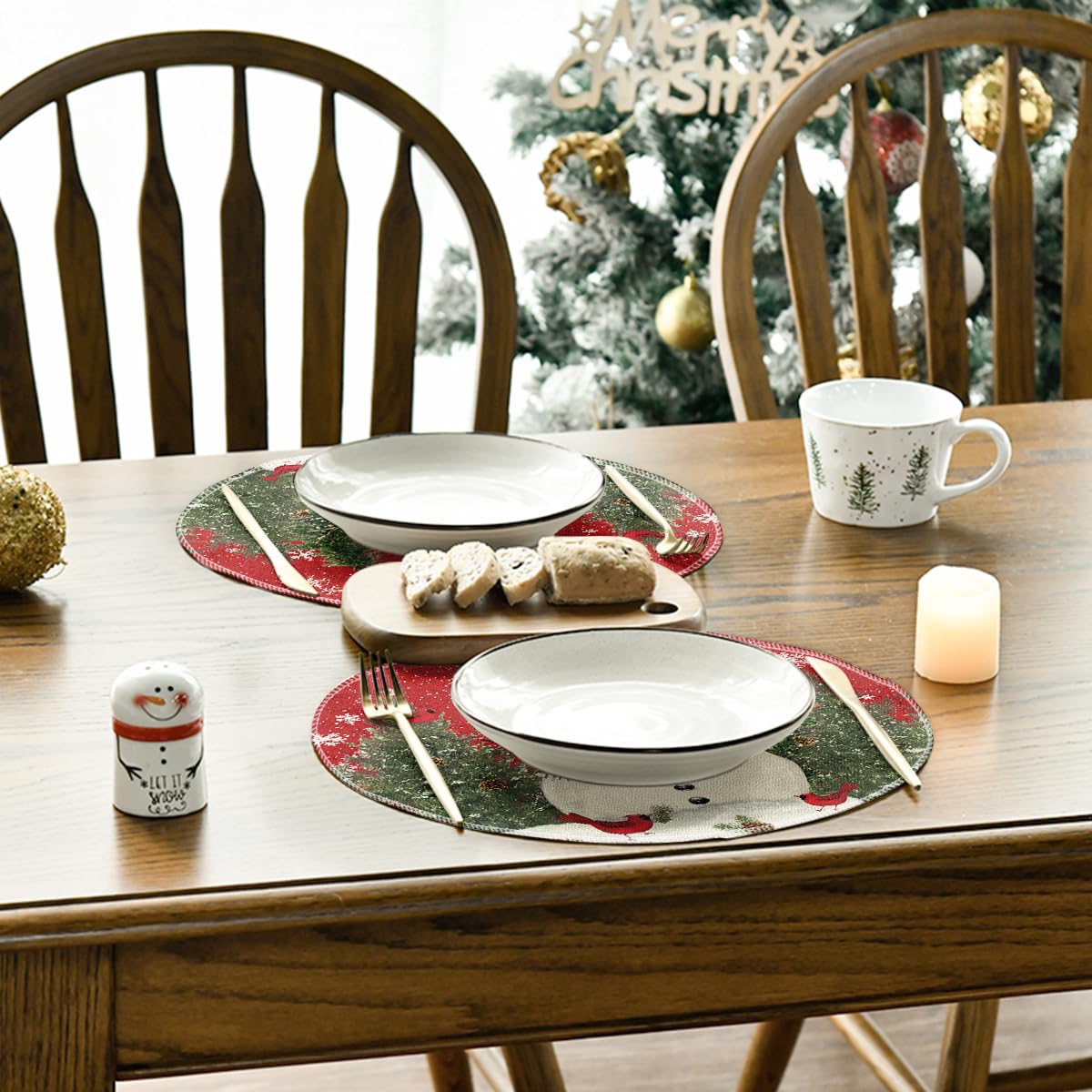 Snowman Trees Snowflakes Christmas Round Placemats Set of 4, 14 Inch Winter Round Table Mats for Dining Decoration