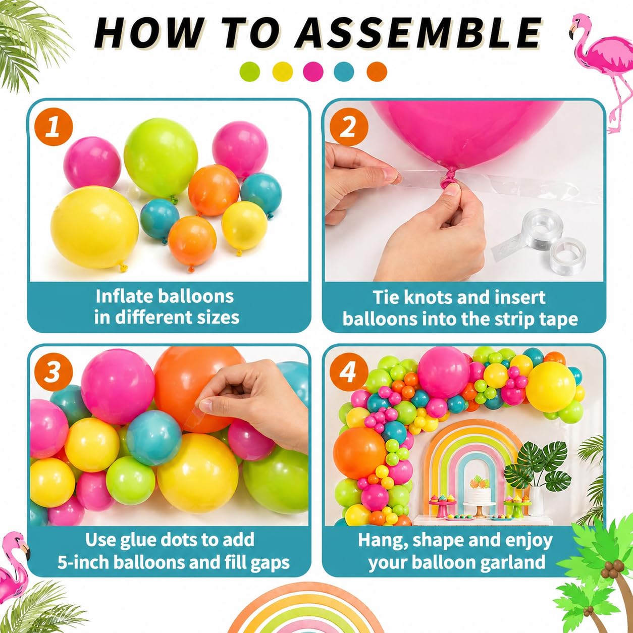 141 Pcs Rainbow Neon Balloon Arch Kit, Hot Pink Lime Green Orange Slate Blue Yellow Latex Hawaii Summer Tropical Balloon Garland for Hawaiian Luau Aloha Birthday Baby Shower Pool Party Decorations