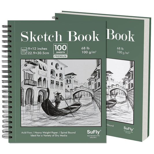 Sketch Book 9x12 inch, Pack of 2 (Total 200 Sheets) Spiral Bound Sketchbook, 68 lb/100gsm Artist Sketch Pad, 100 Sheets Each, Sturdy Acid Free Drawing Paper, Suitable for Adults & Teens
