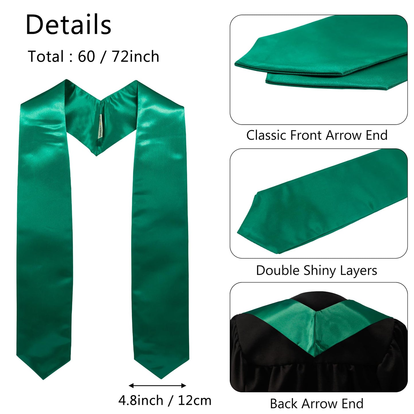 GraduationMall Unisex Adult Plain Graduation Stole 60" Emerald