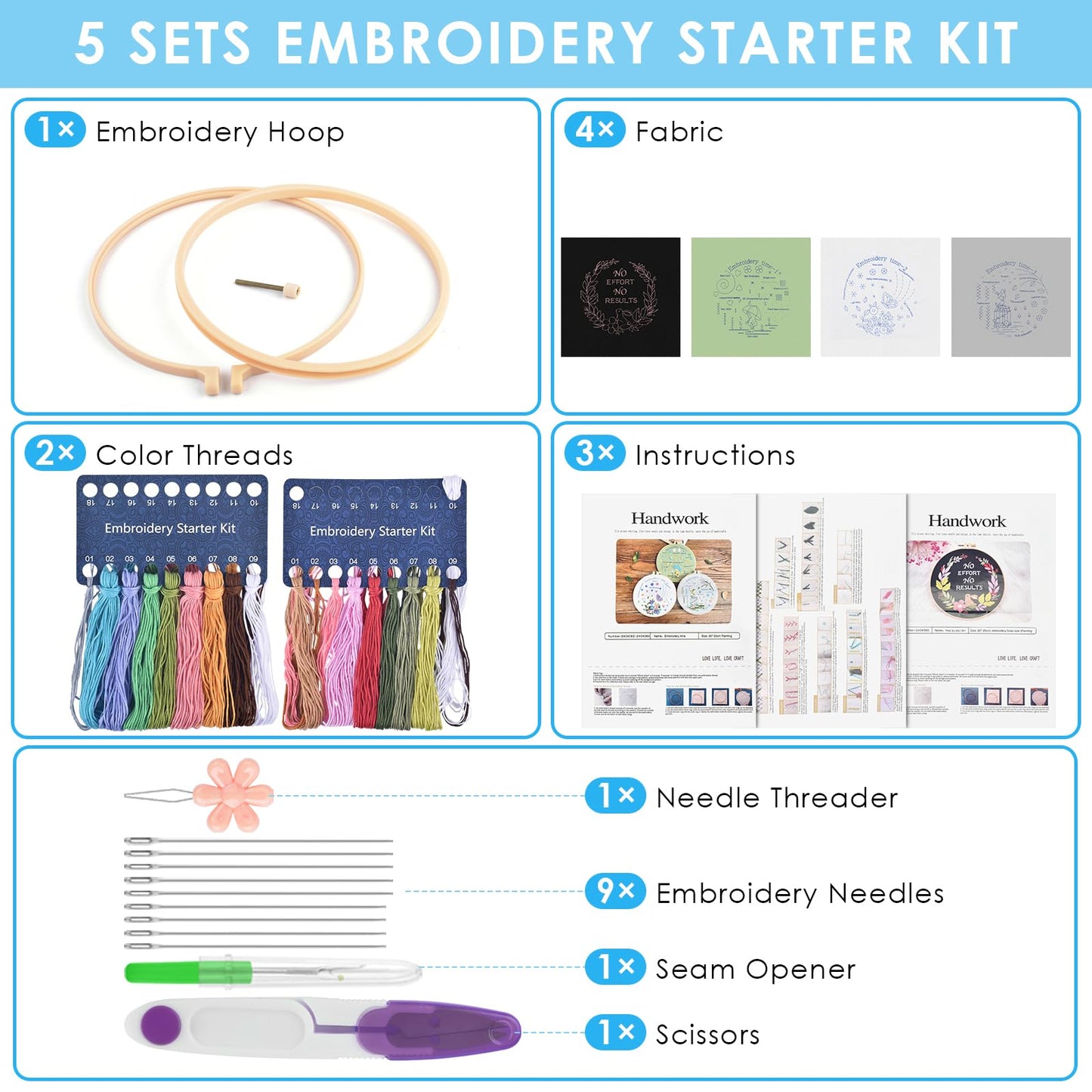 4 Pack Beginner Embroidery Kits for Adults DIY Starter Kit with 33 Stitch Techniques, Stamped Patterns, Embroidery Hoop, Colorful Threads, Tools, Step by Step Instructions & Video Tutorial