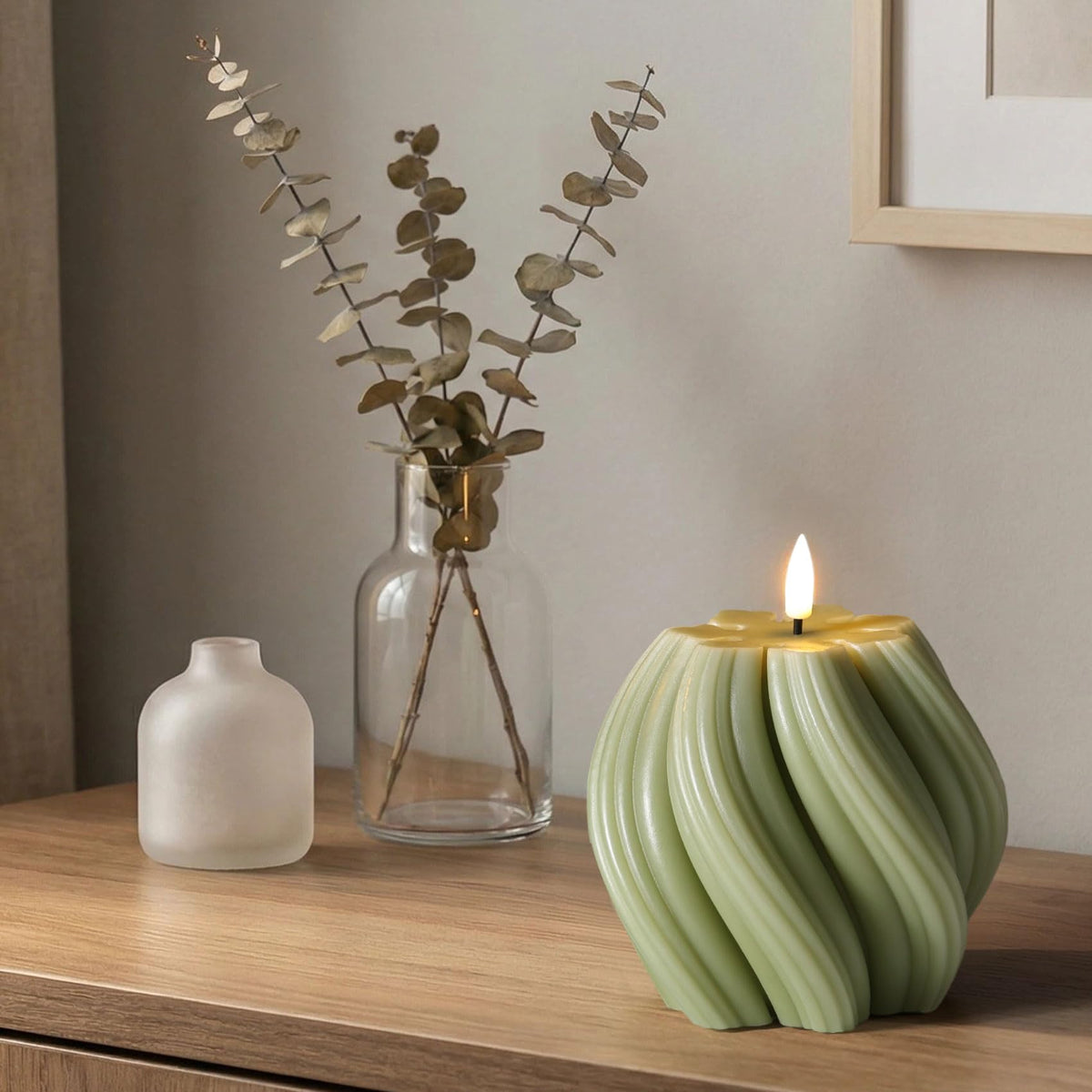 Girimax Sage Green Swirl Flameless Candle with Remote Timer