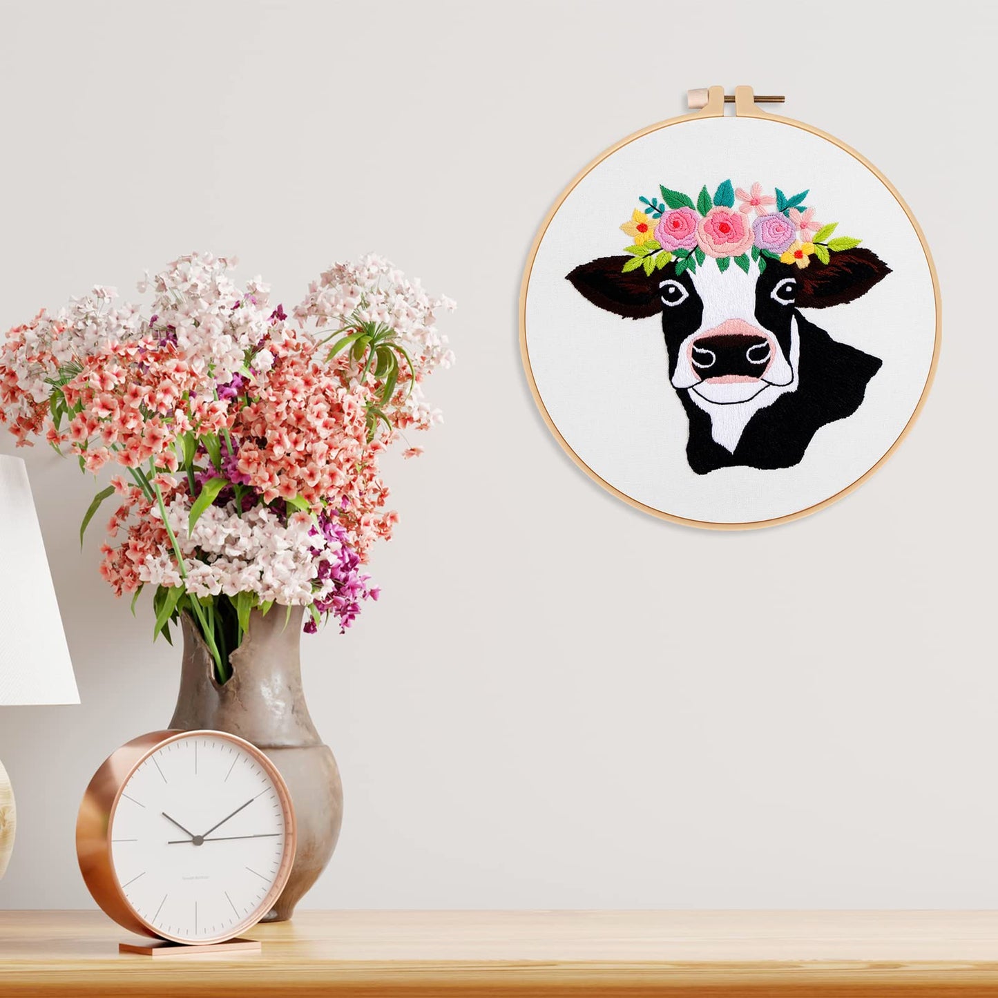 Louise Maelys Cow Beginners Embroidery Kits,Cross Stitch Starter kit for Adults with Embroidery Cloth Hoop Needles Instruction and Threads