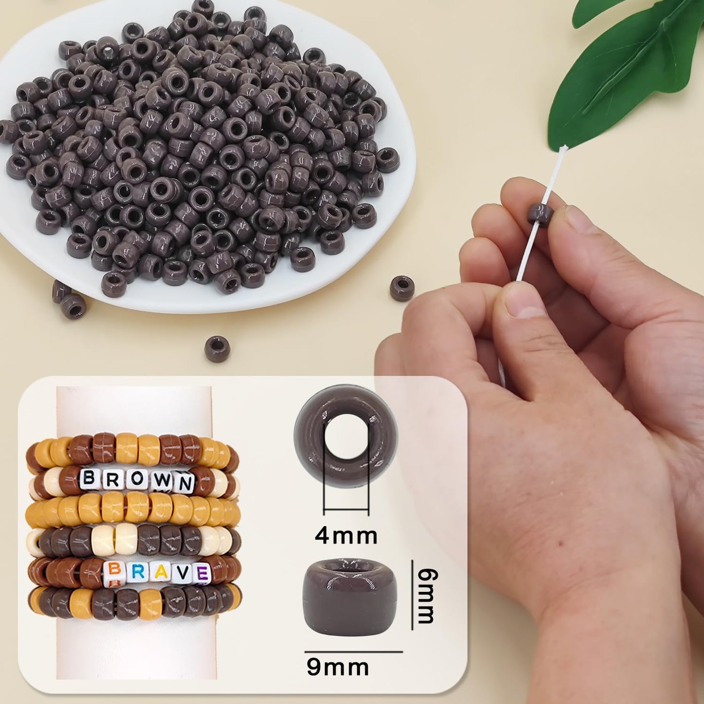 MIIIM 1200PCS 6x9mm Dark Pony Beads Bulk, Kandi Beads for Bracelets Making Kit, Hair Braids Crafts for Jewelry Making (Chocolate Brown)