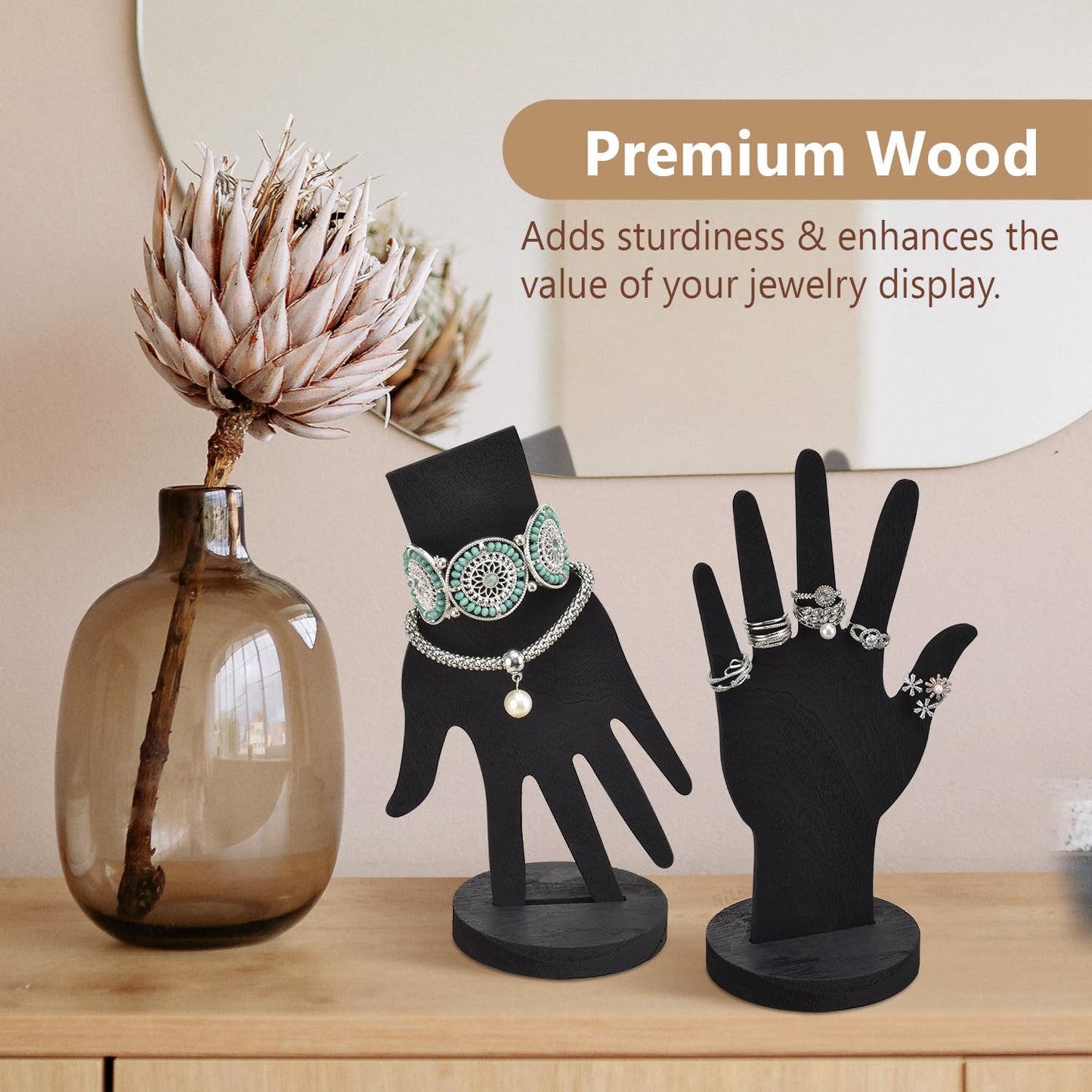 MOOCA 6-Piece Real Wooden Hand Form Jewelry Display Set, 2 Way Design for Wall Hanging or Standalone Mannequin Finger Hand Display, Premium Real Wood Sturdy Base, Black Color