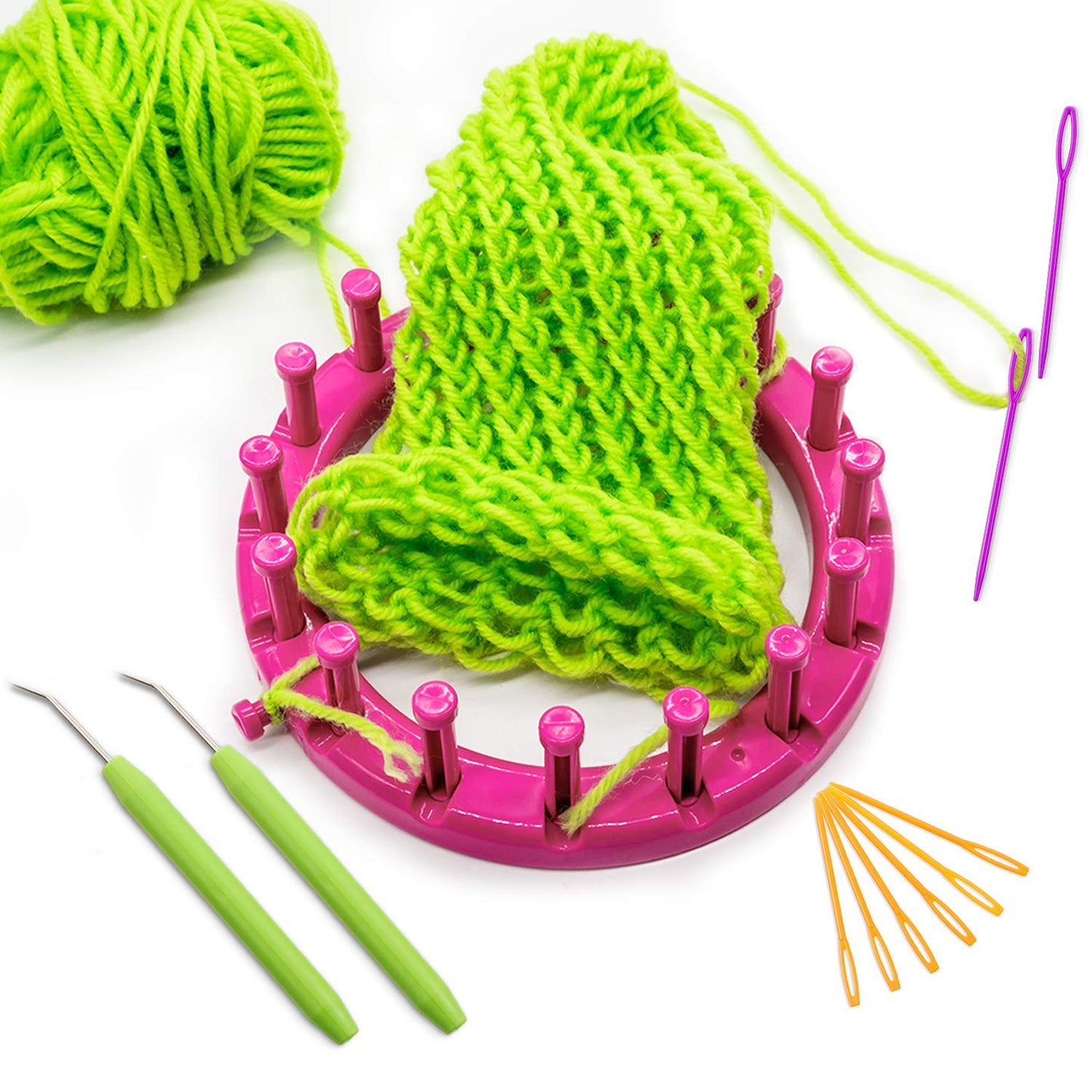 WILLBOND Knitting Loom Hook Crochet Needle Hook with Convenient Rubber Handles and Large Eye Plastic Sewing Needles for Knifty Knitting Knitter Crafts (9 Pieces)