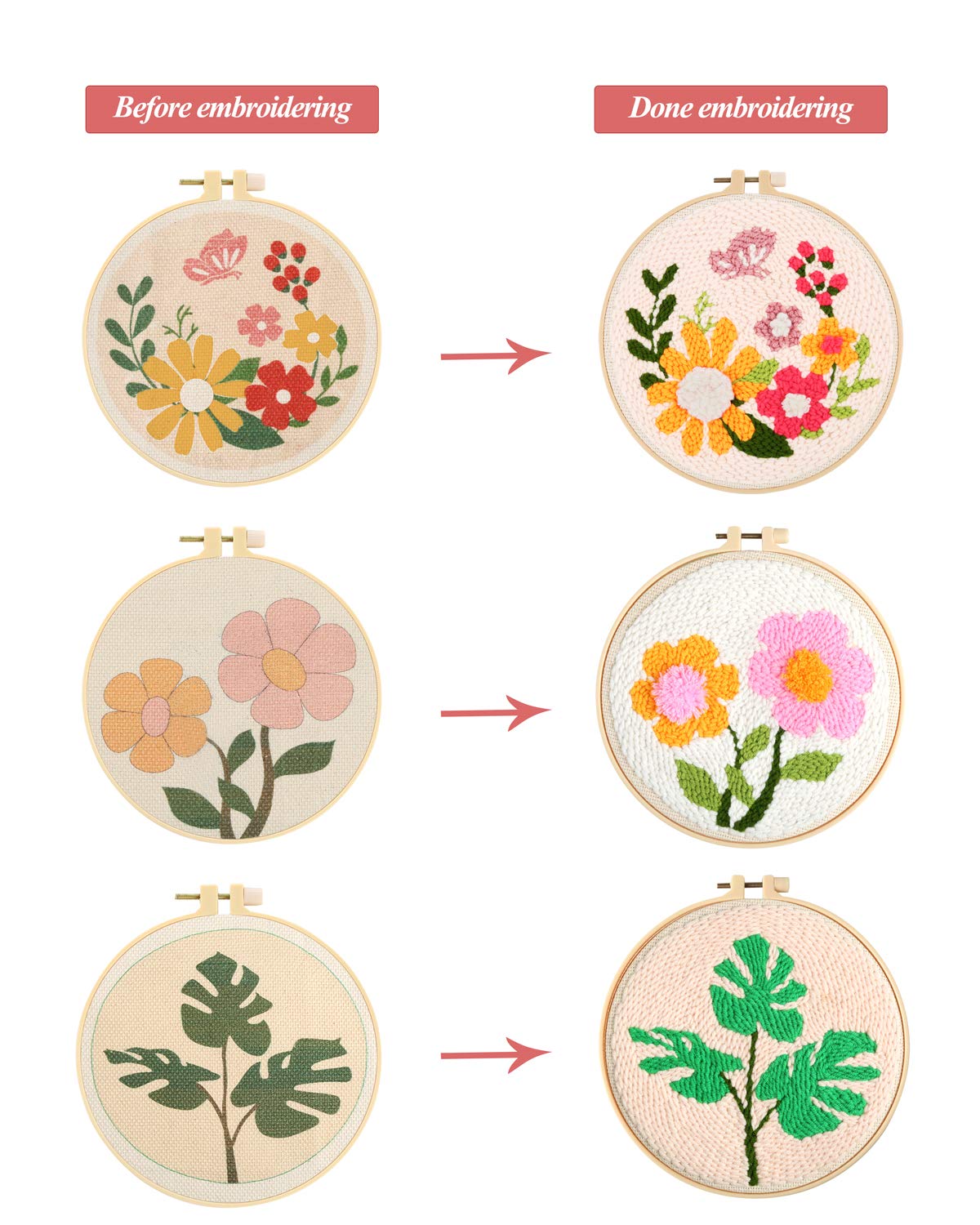 Pllieay 3 Set Punch Needle Embroidery Starter Kits Include Instruction, Punch Needle Fabric with Pattern, Yarns, Embroidery Hoops for Rug-Punch & Pinch Needle