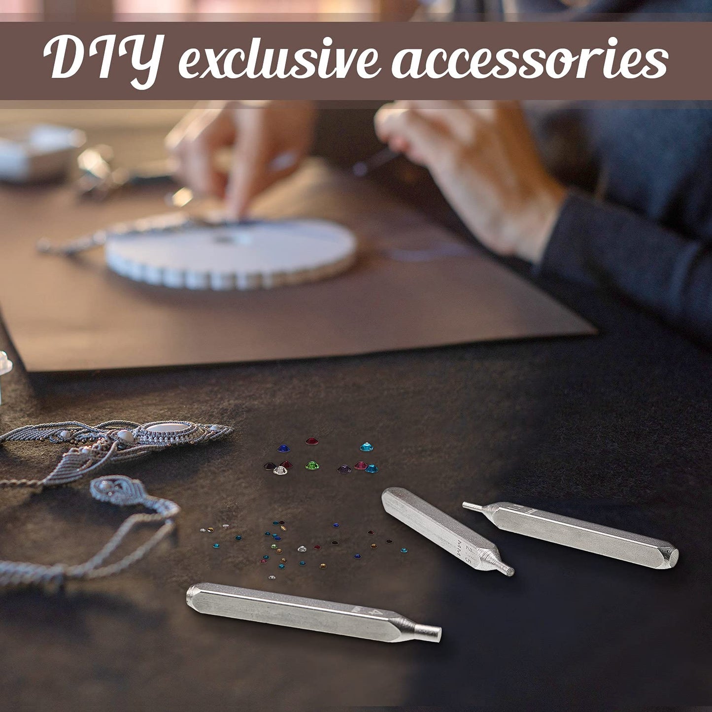 Flat Back Crystals Setter Metal Stamping Punches Kit Includes 3 Pieces Jewelry Metal Stamping Tool for DIY, 1.8 mm, 2.5 mm, 4 mm and 1500 Pieces Multi Colored Rhinestones Crystals