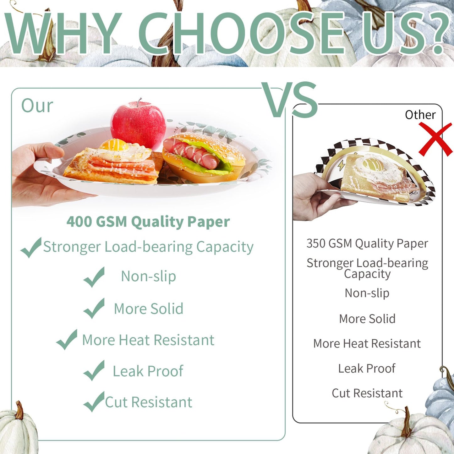 50Pcs Fall Oval Paper Plates Thanksgiving Plates Large 10" X 12" Disposable 400GSM Blue and White Pumpkin Plate for Little Pumpkin Baby Shower Fall Harvest Party Thanksgiving Party Decorations