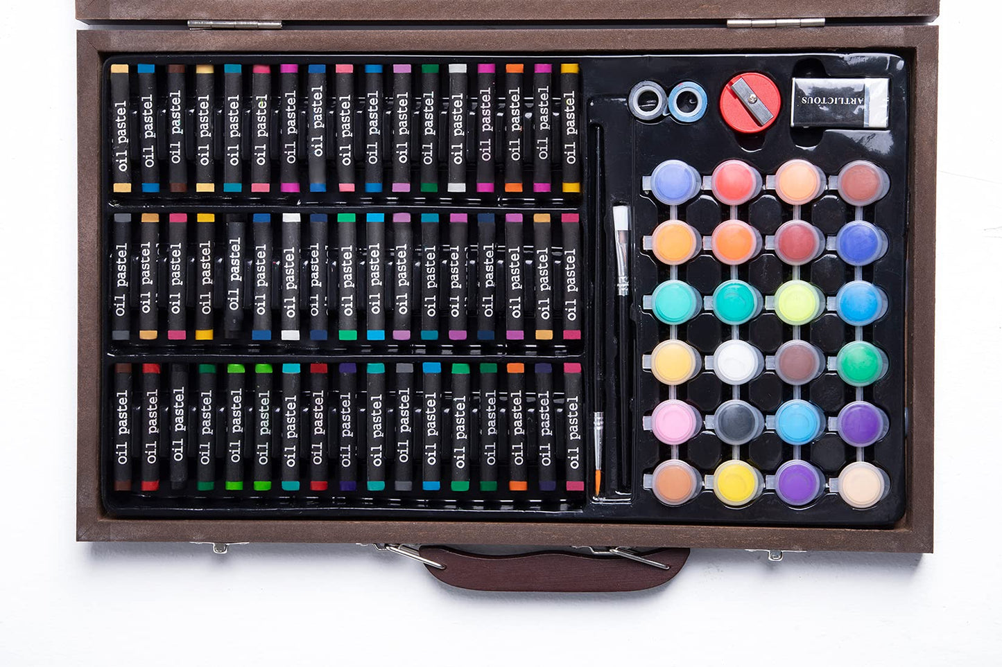 GRANDAN 145 Pieces Deluxe Art Set in Portable Wooden Box Drawing Kit Set with Oil Pastels, Crayons, Colored Pencils, Watercolor Cakes, Brushes, Wooden Case Art Supplies (Wooden)