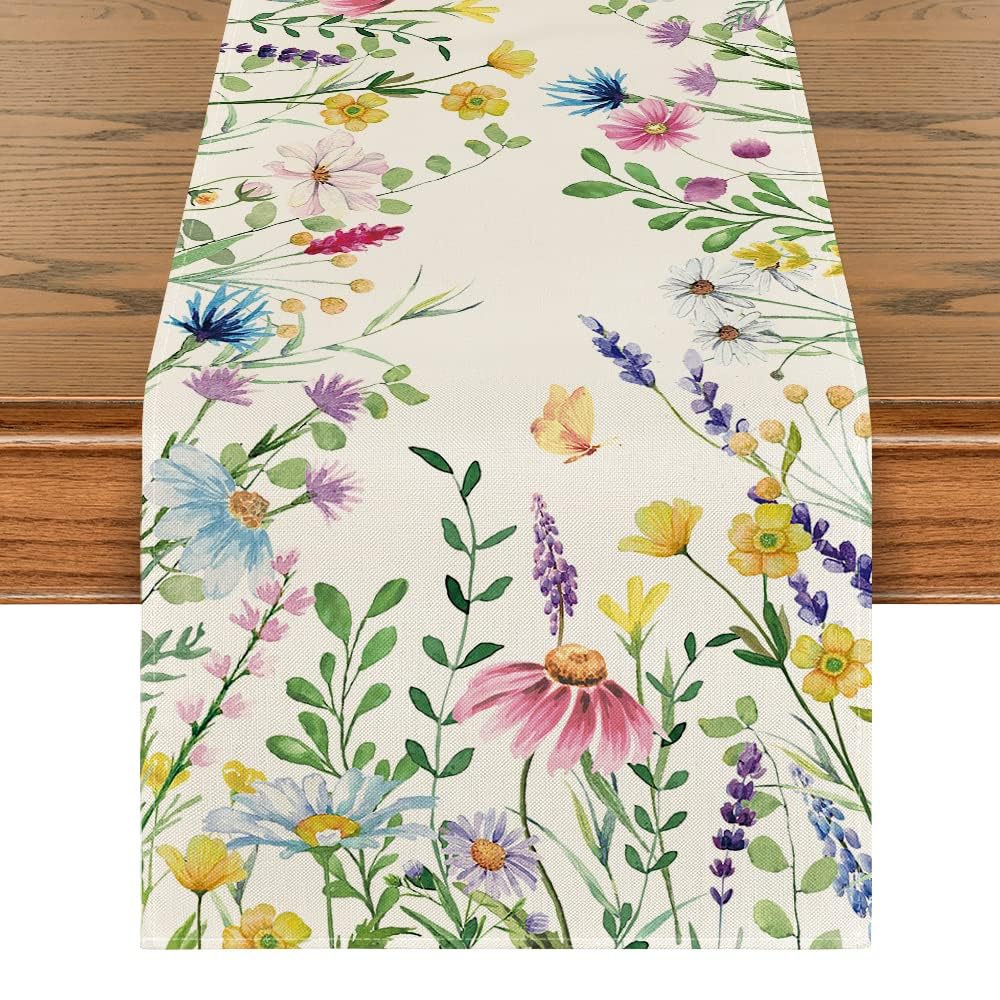 Daisy Eucalyptus Lavender Floral Leaves Summer Table Runner, Spring Kitchen Dining Table Decoration for Home Party Decor 13x36 Inch