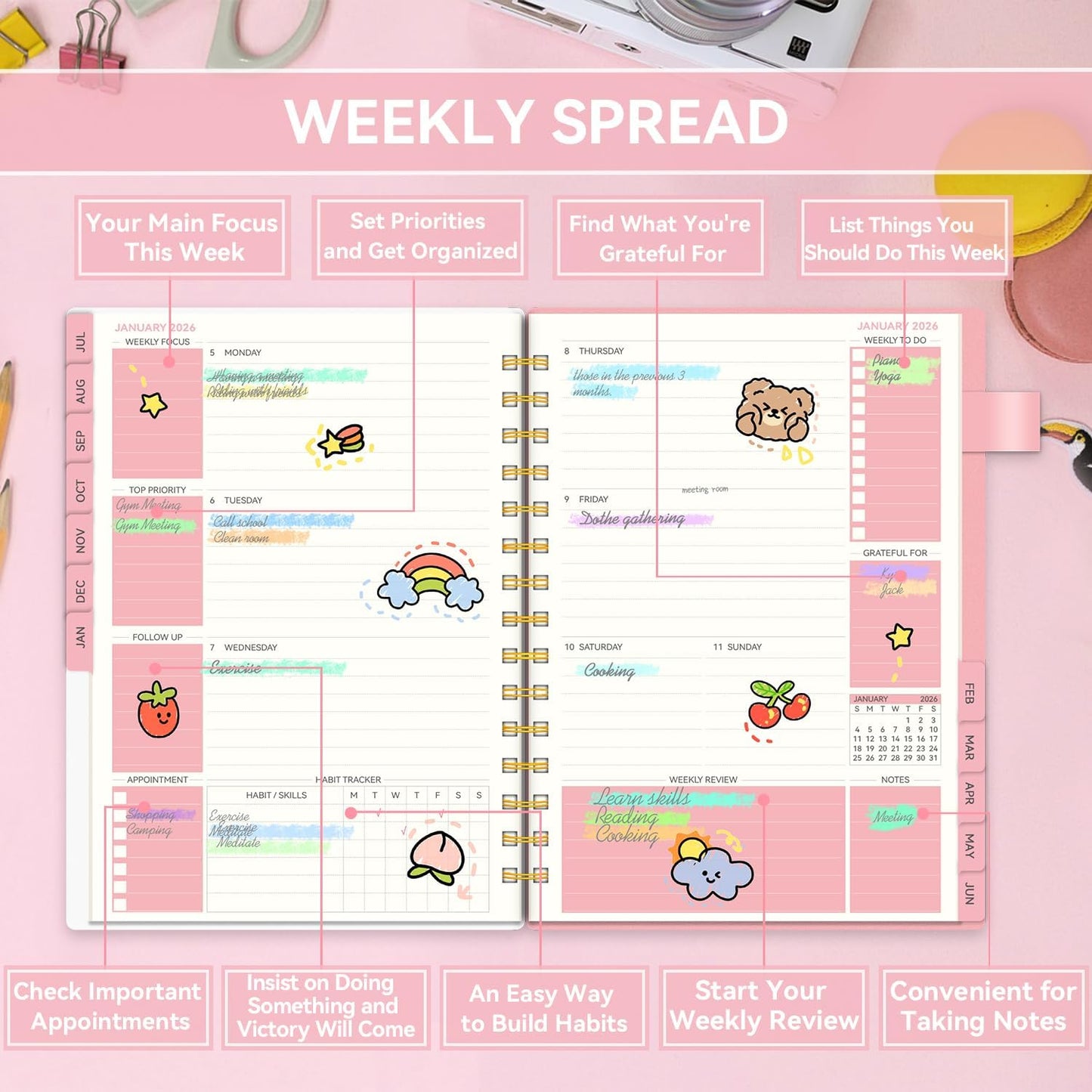 Planner 2025-2026, Weekly and Monthly Planners for Women, AIMPEAK Academic Calendar Planner for Teacher & Student, Jul.2025 - Jun.2026, Monthly Tabs, Spiral Binding, Pink Garland, 5.5"x8.5"