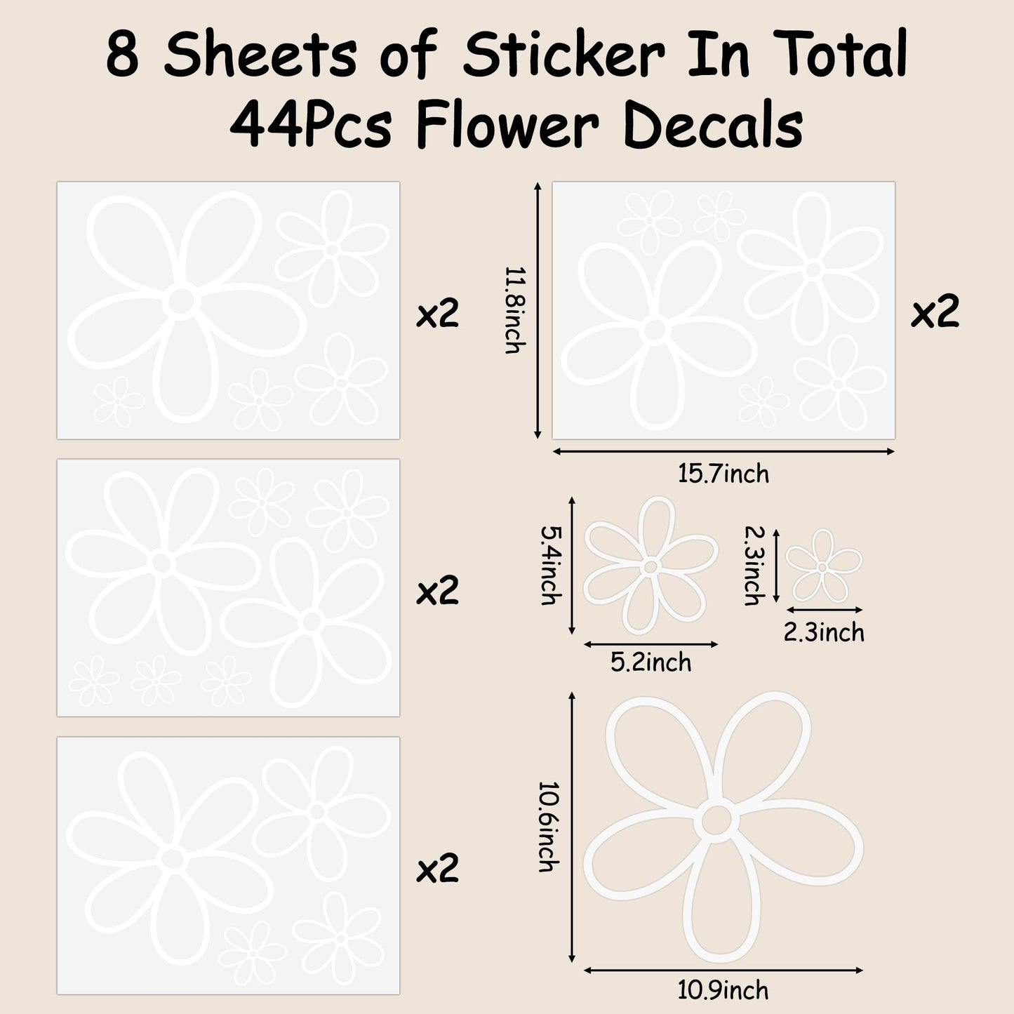 A1diee 8Pcs White Daisy Wall Sticker in Total 44 Pieces Vinyl Cute Flower Art Aesthetic Transparent Vinyl Peel and Stick Wall Decor for Christmas Window College Dorm Bedroom Living Room Decoration