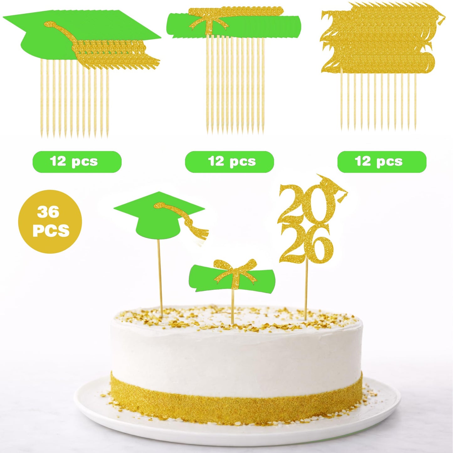 OHOME Graduation Decorations 2026-36 PCS Graduation Cupcake Toppers - 2026 Graduation Party Decorations - Mini Cake Decorations for Class of 2026,Diploma, 2026, Grad Cap Set (Green)