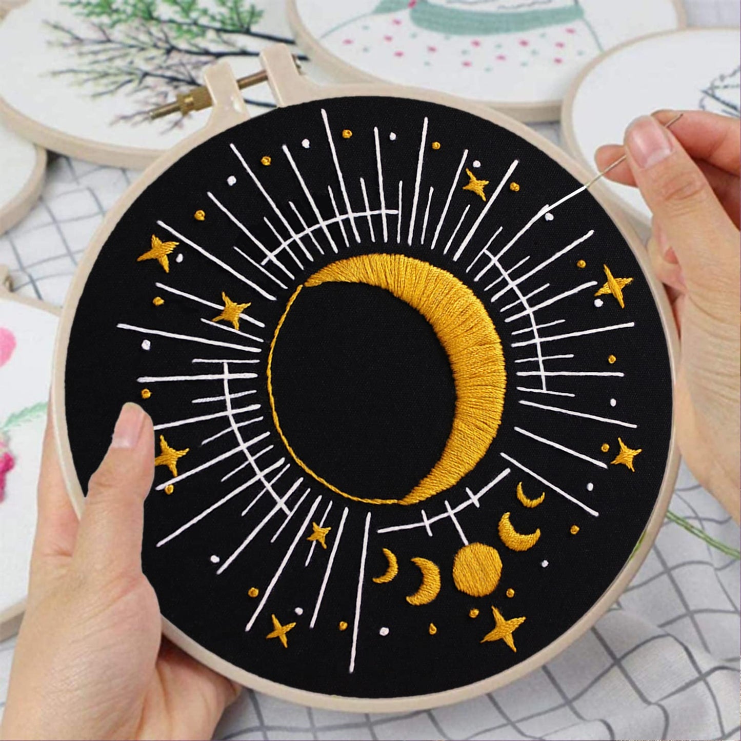 Louise Maelys 3 Set Tarot Embroidery Kits for Beginners with Sun Moon Evil Eye Pattern,Adults Starter Cross Stitch Kit DIY Needlepoint